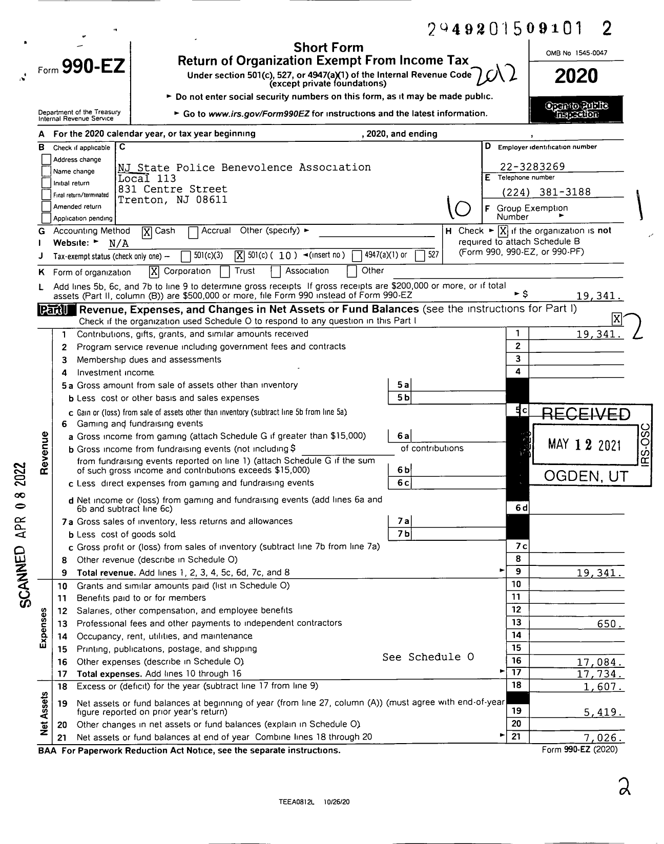 Image of first page of 2020 Form 990EO for NJ State Patrolmen's Benevolent Association - 113 Local Human Services Police Pba