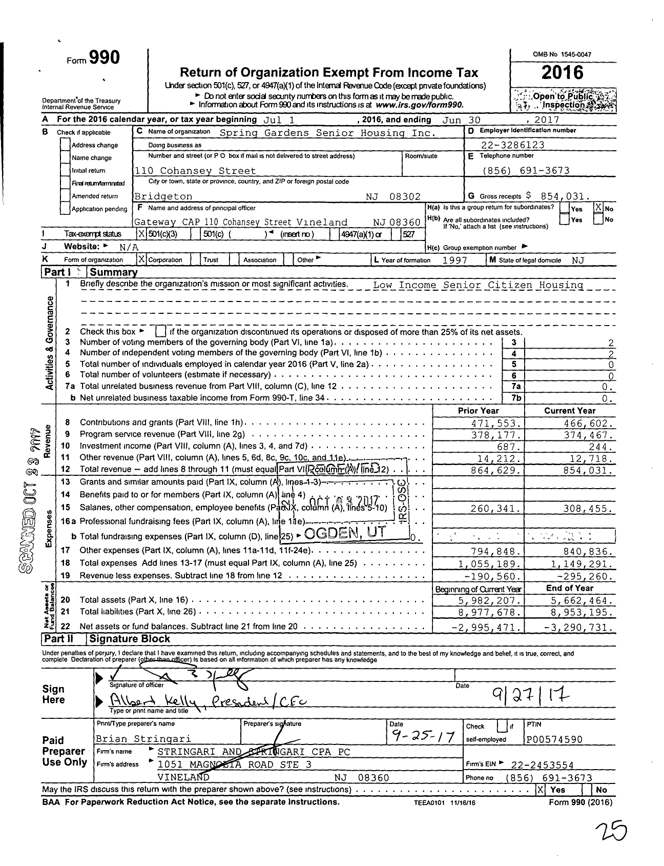 Image of first page of 2016 Form 990 for Spring Gardens Senior Housing