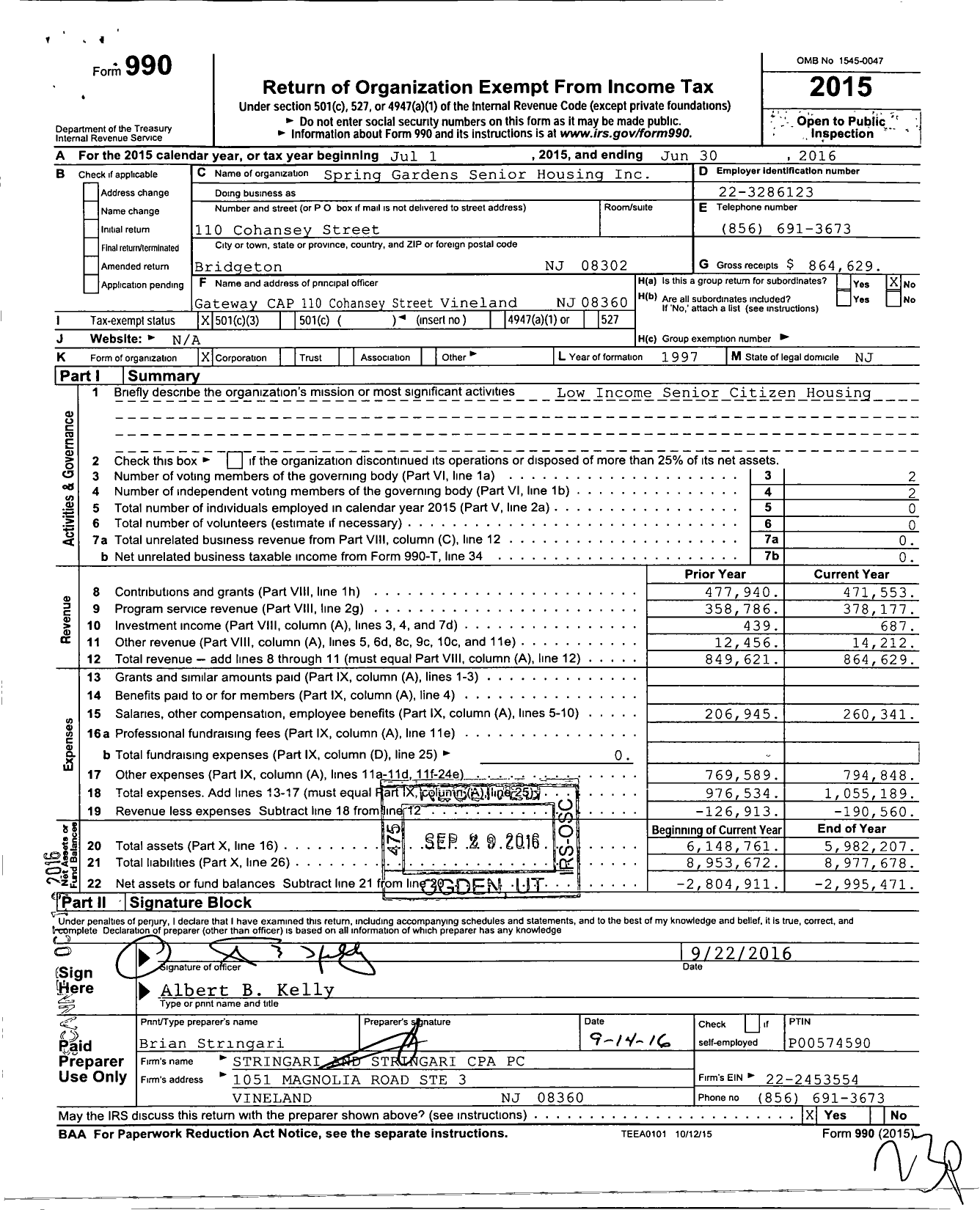 Image of first page of 2015 Form 990 for Spring Gardens Senior Housing