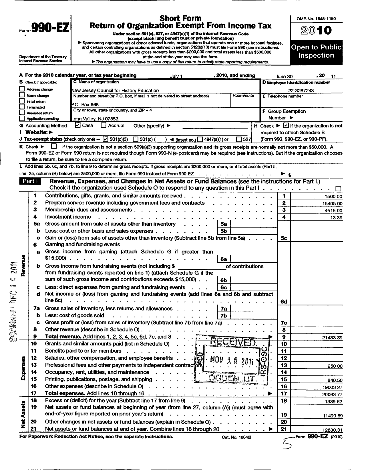 Image of first page of 2010 Form 990EZ for New Jersey Council for History Education