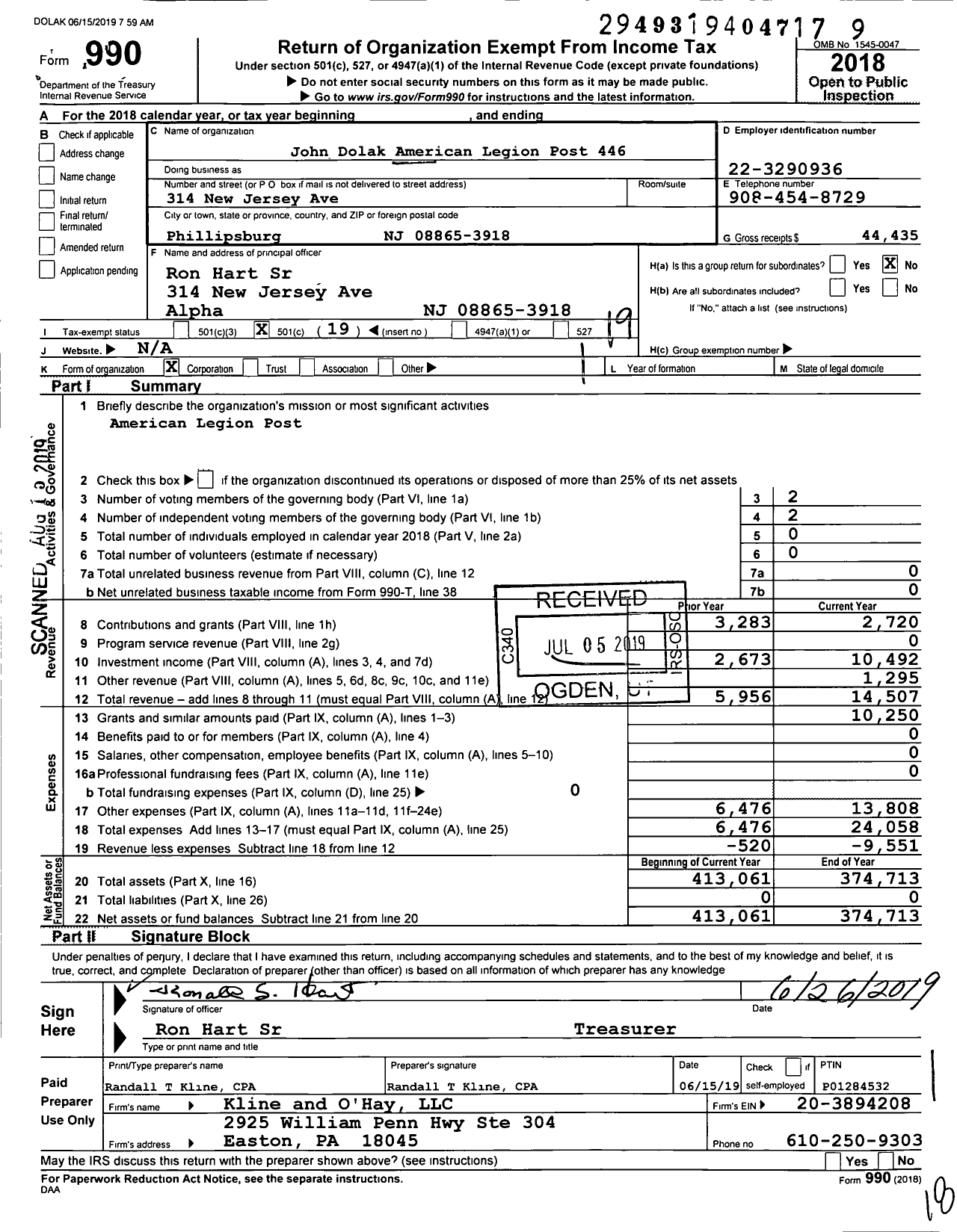 Image of first page of 2018 Form 990O for American Legion - 446 John Dolak Post