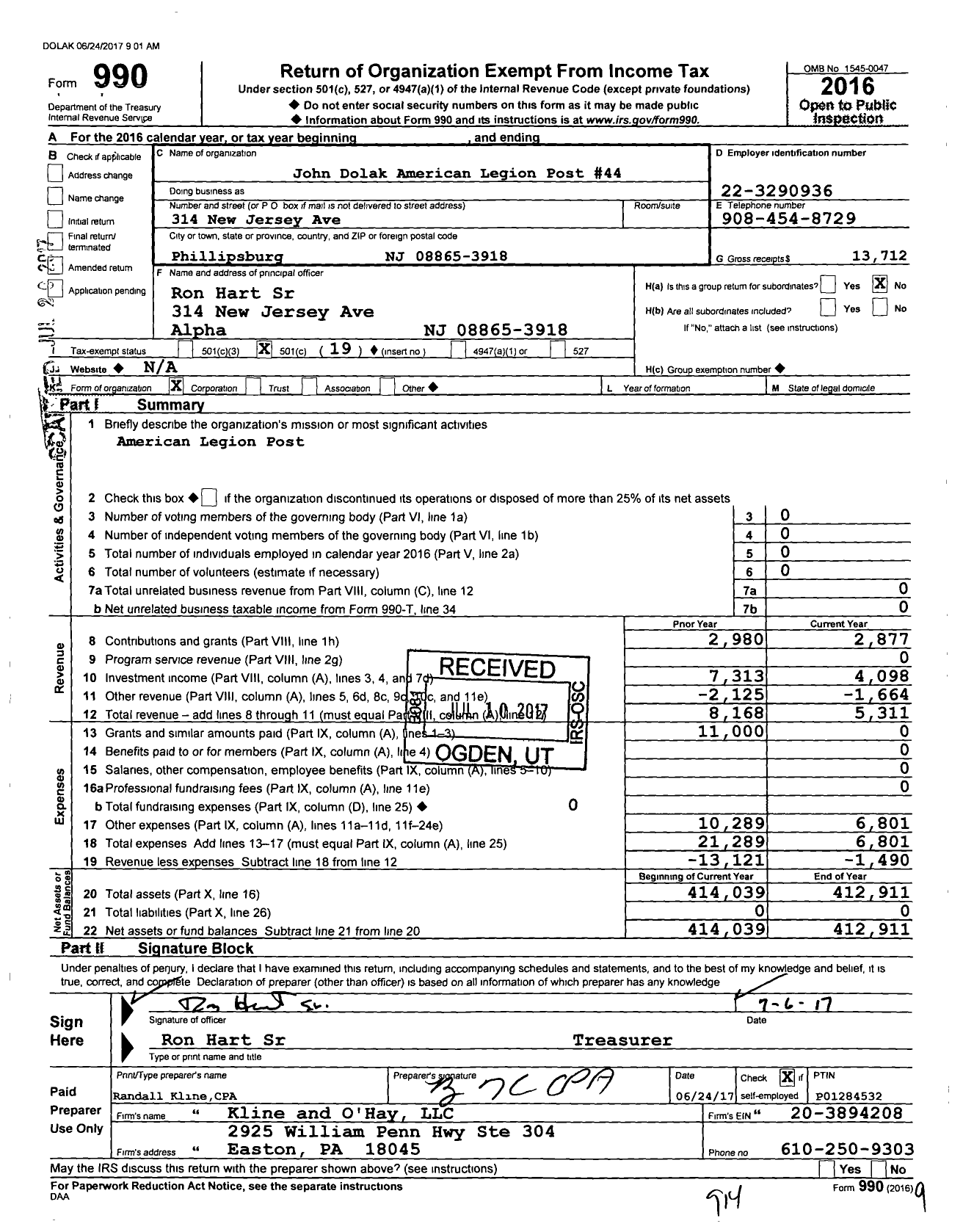 Image of first page of 2016 Form 990O for American Legion - 446 John Dolak Post