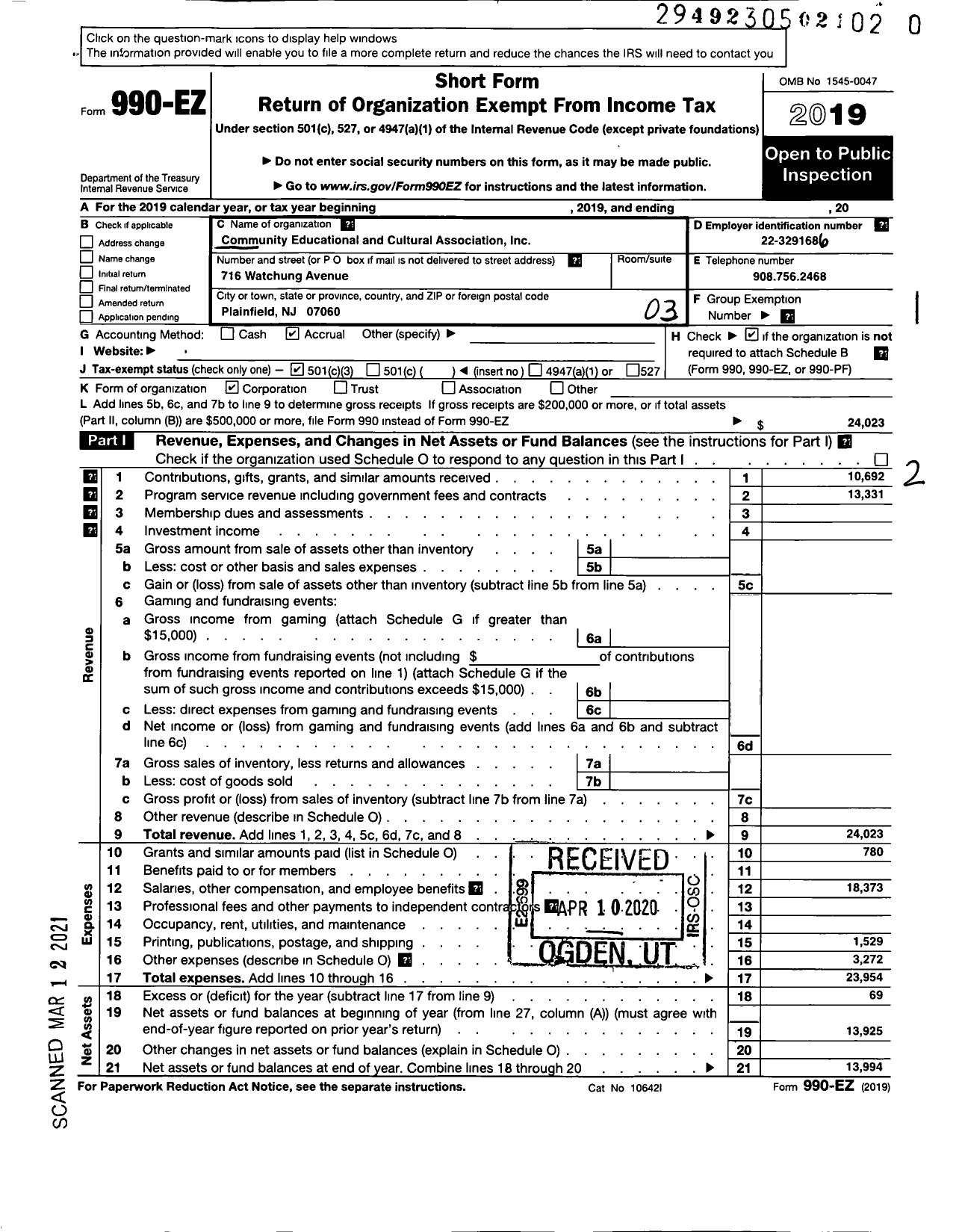 Image of first page of 2019 Form 990EZ for Community Educational and Cultural Association