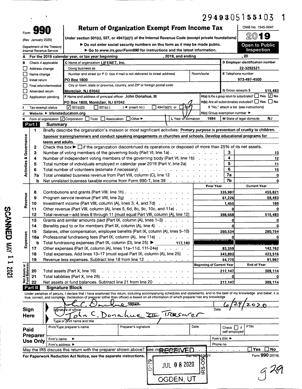 Image of first page of 2019 Form 990 for Lifenet