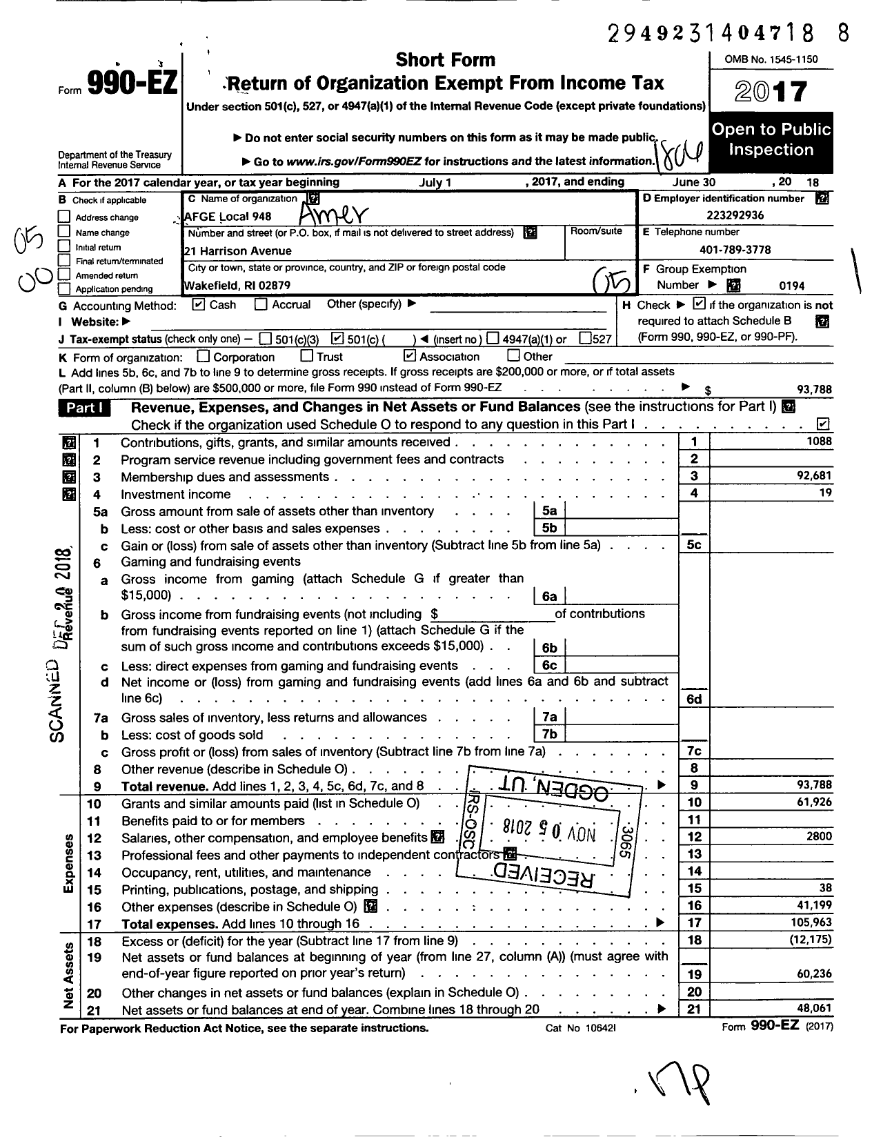 Image of first page of 2017 Form 990EO for American Federation of Government Employees - 0948 Afge Local