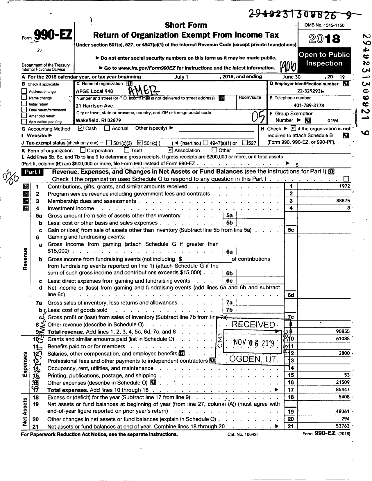 Image of first page of 2018 Form 990EO for American Federation of Government Employees - 0948 Afge Local