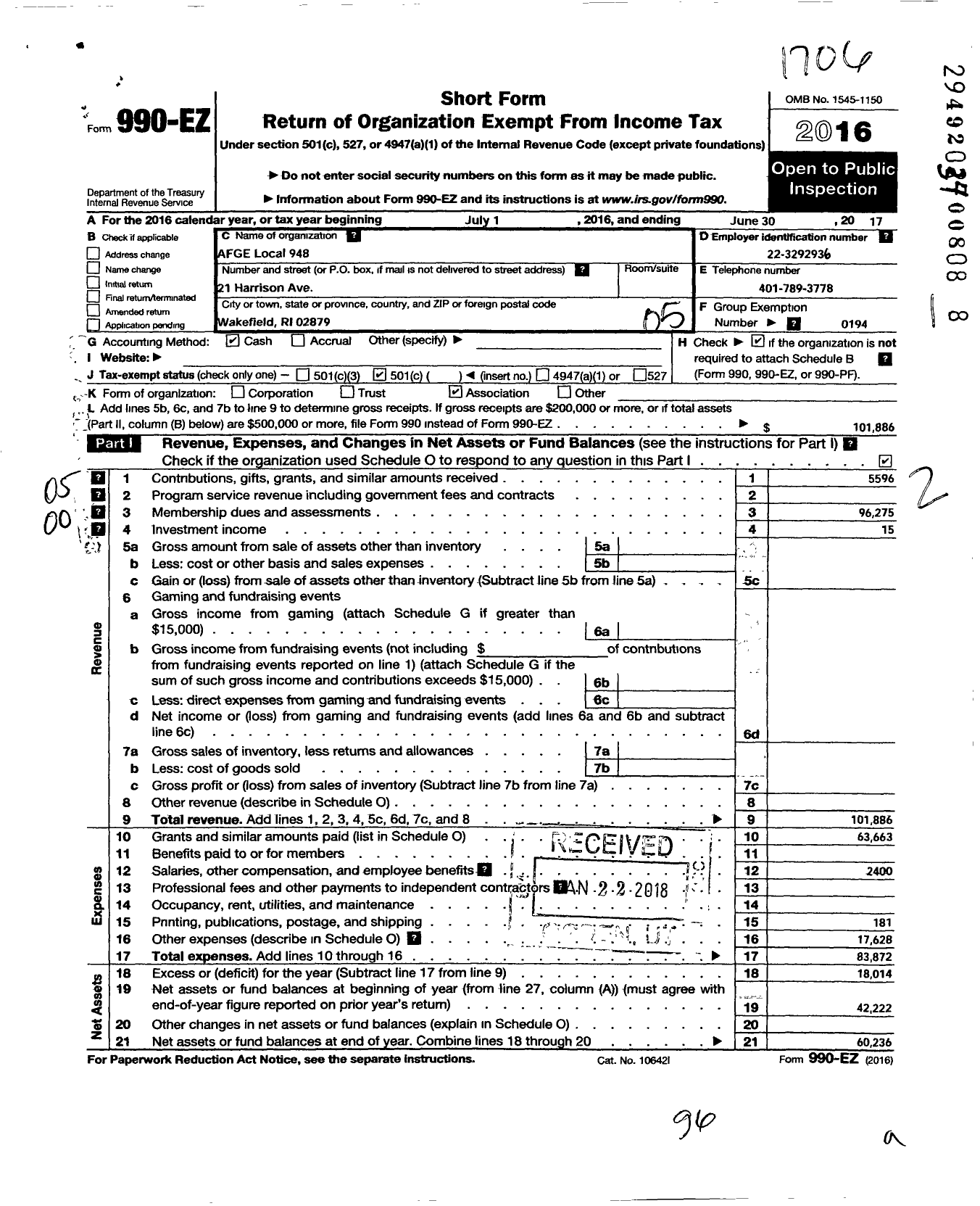 Image of first page of 2016 Form 990EO for American Federation of Government Employees - 0948 Afge Local