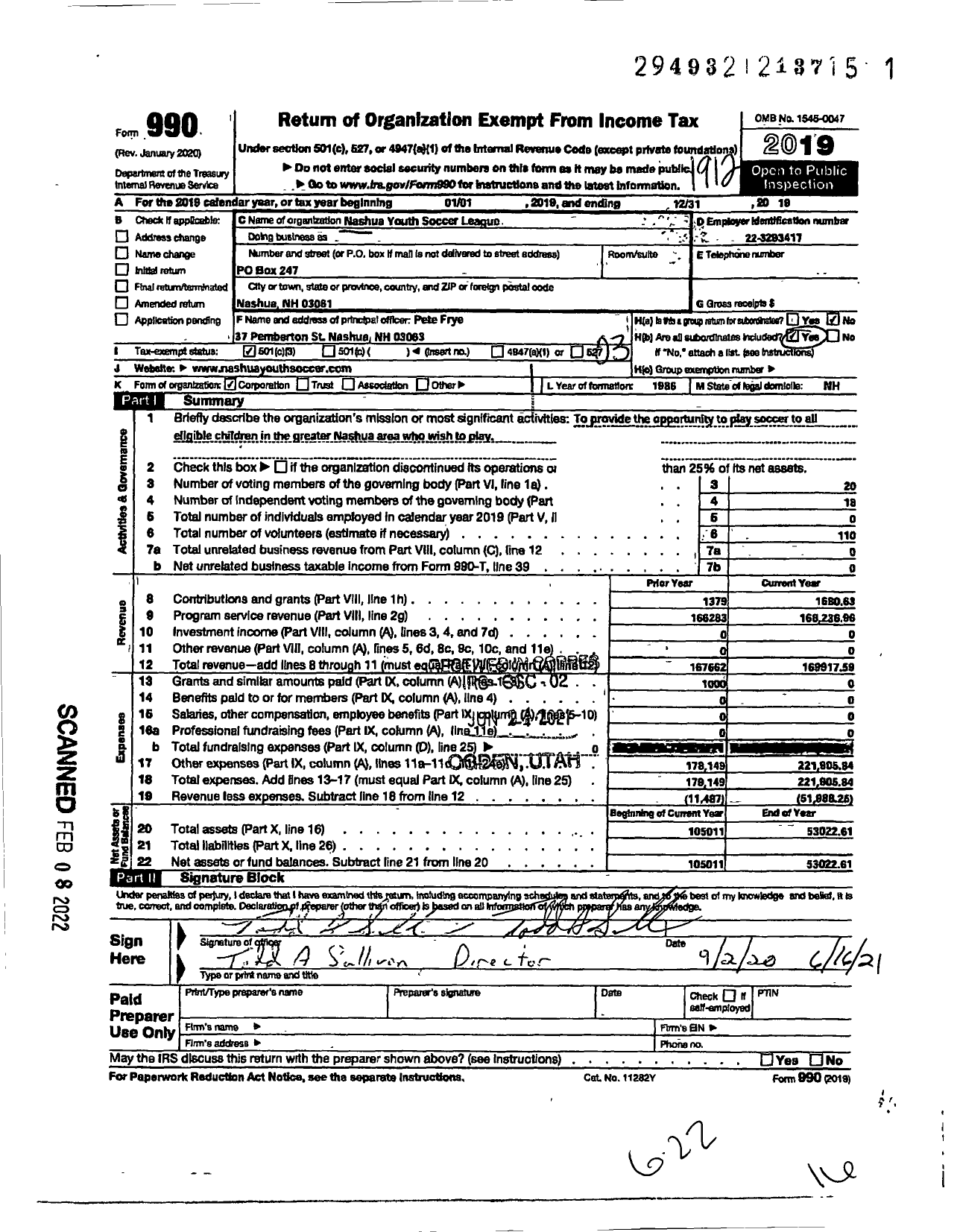 Image of first page of 2019 Form 990 for Nashua Youth Soccer League