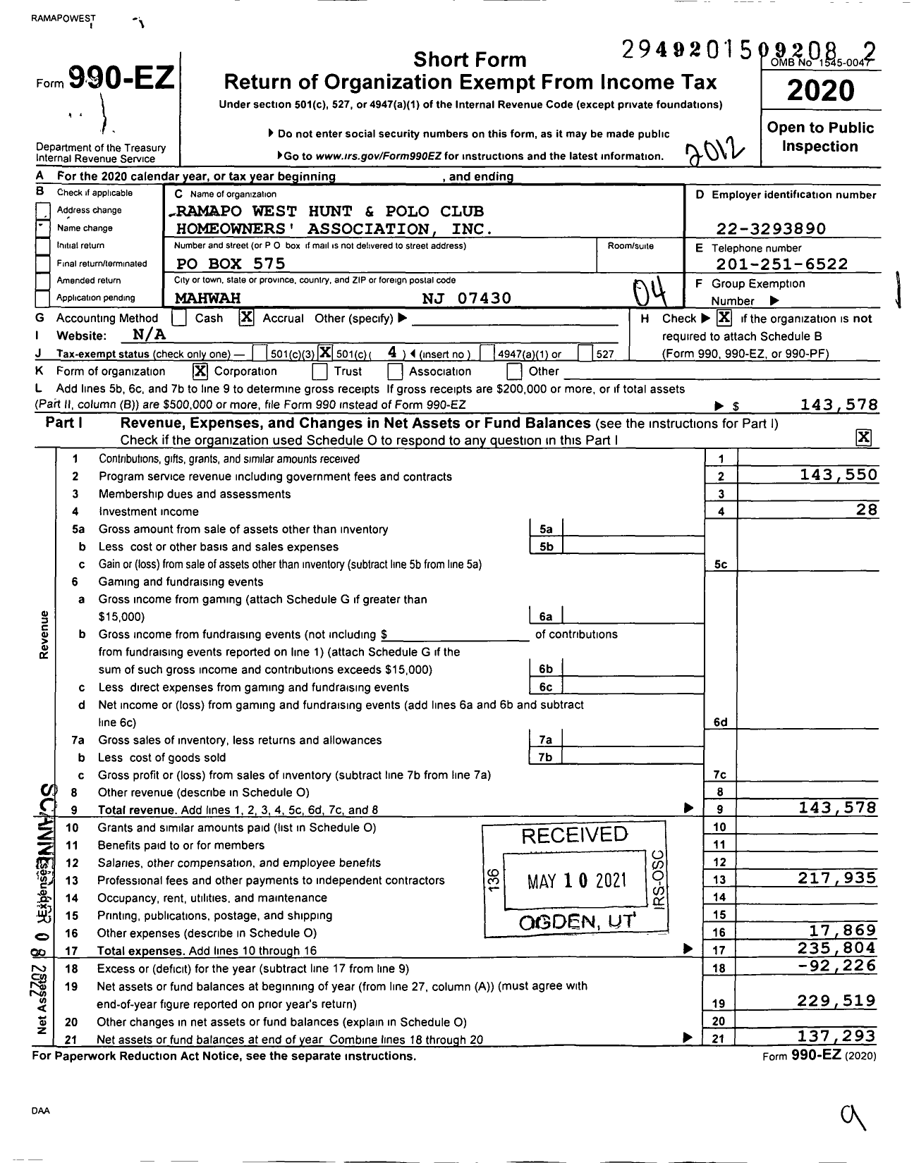 Image of first page of 2020 Form 990EO for Ramapo West Hunt and Polo Club Homeowners Association