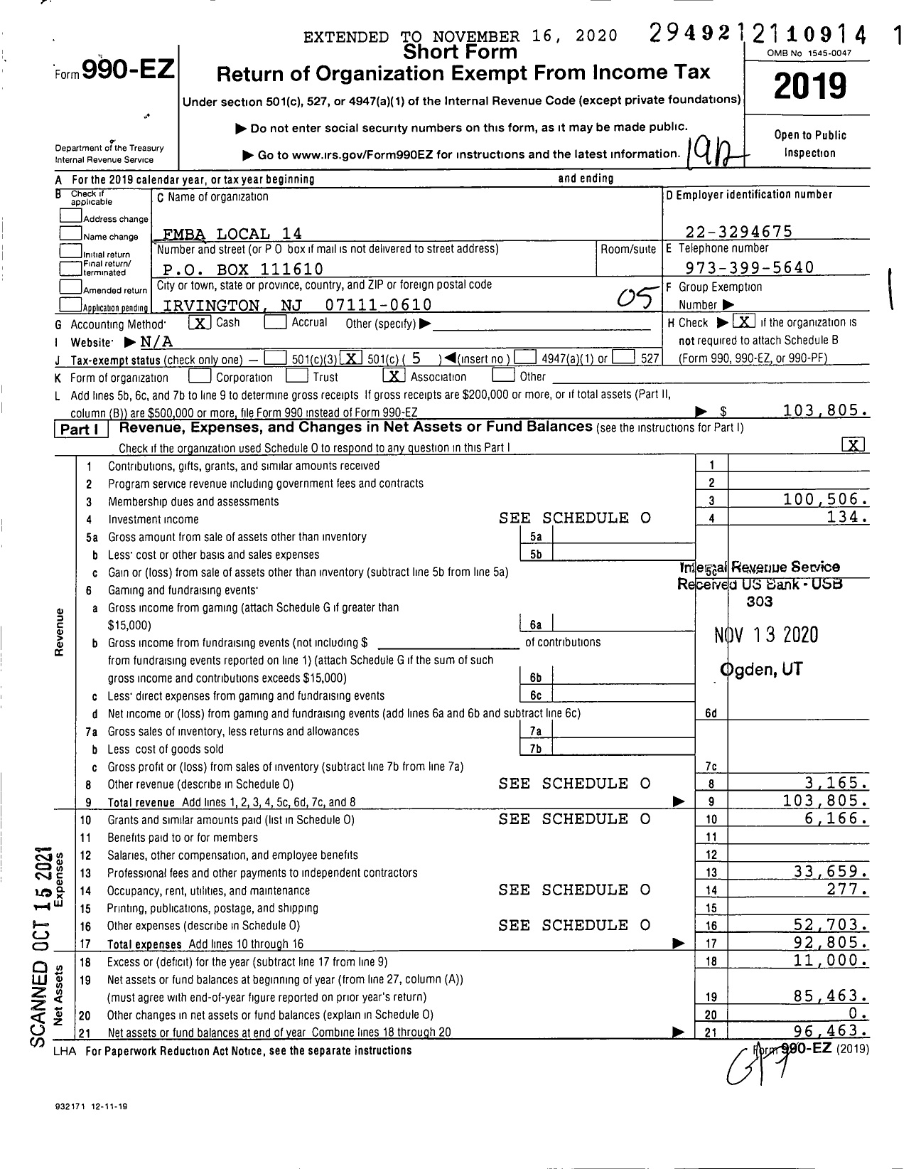 Image of first page of 2019 Form 990EO for New Jersey State Firemens Mutual Benevolent Association - 14 Irvington