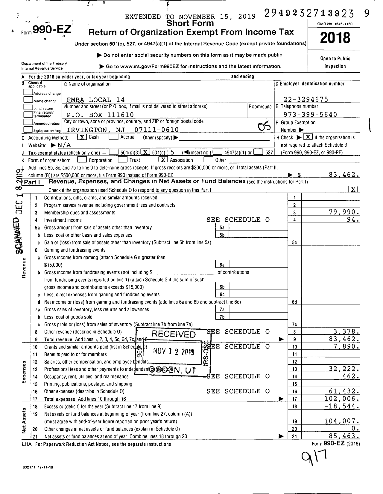 Image of first page of 2018 Form 990EO for New Jersey State Firemens Mutual Benevolent Association - 14 Irvington