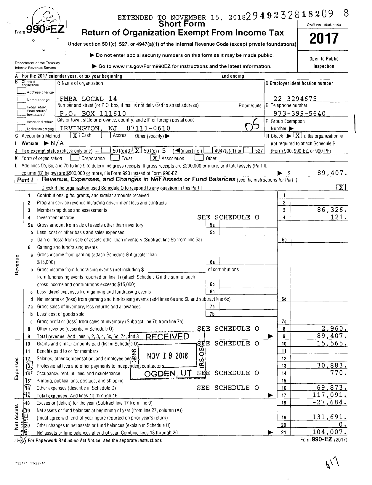 Image of first page of 2017 Form 990EO for New Jersey State Firemens Mutual Benevolent Association - 14 Irvington