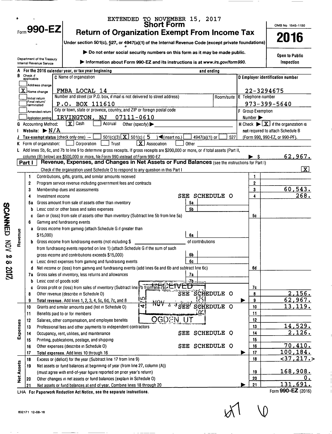 Image of first page of 2016 Form 990EO for New Jersey State Firemens Mutual Benevolent Association - 14 Irvington