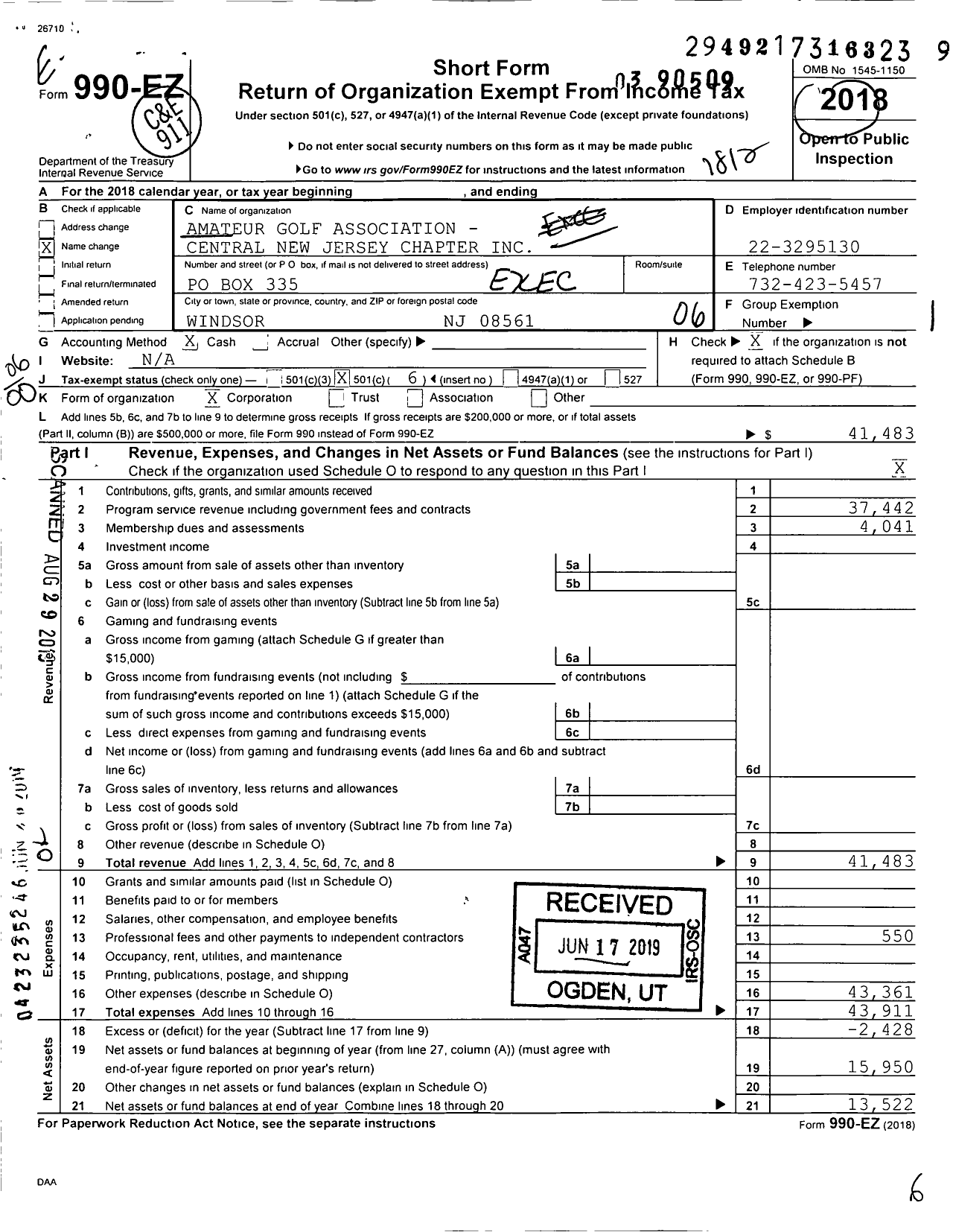 Image of first page of 2018 Form 990EO for Executive Womens Golf Association / Amateur Golf Assoc Central NJ Chapt