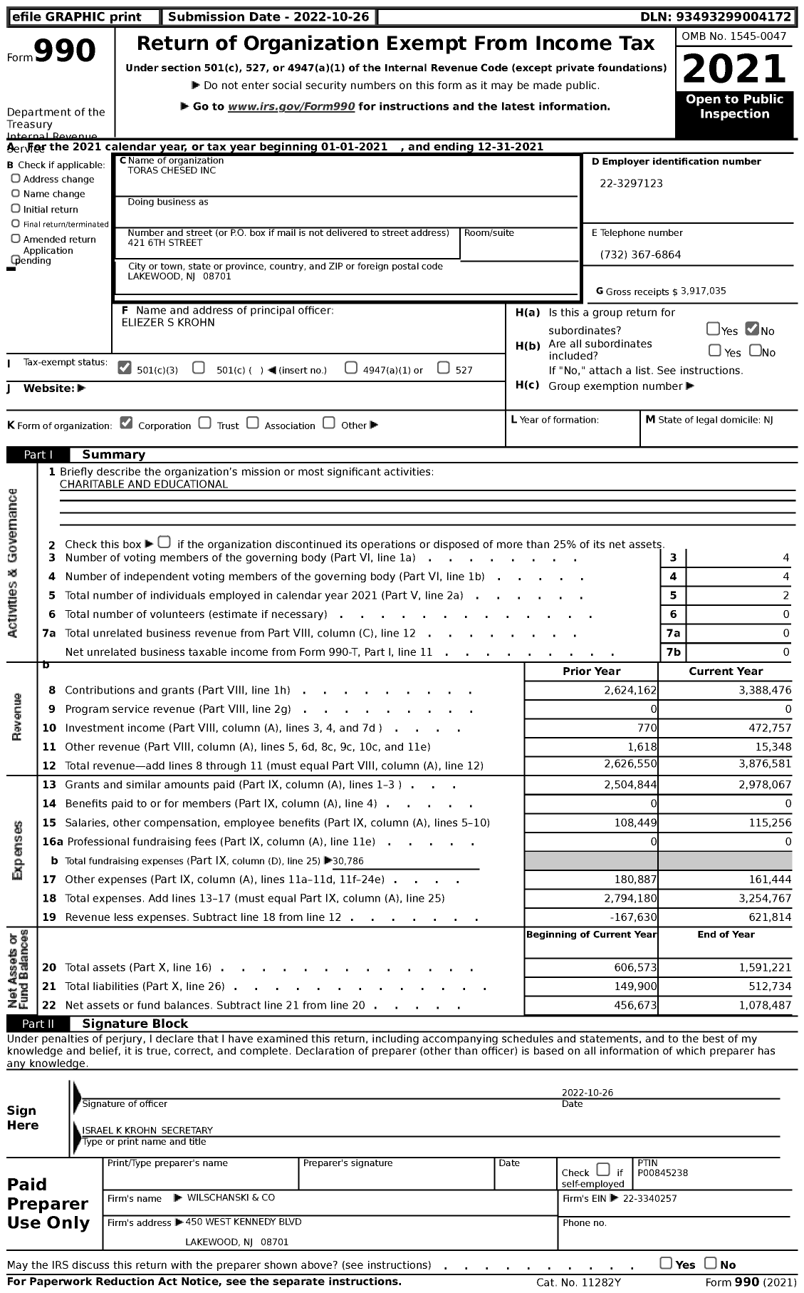 Image of first page of 2021 Form 990 for Bais Medrash Toras Chesed