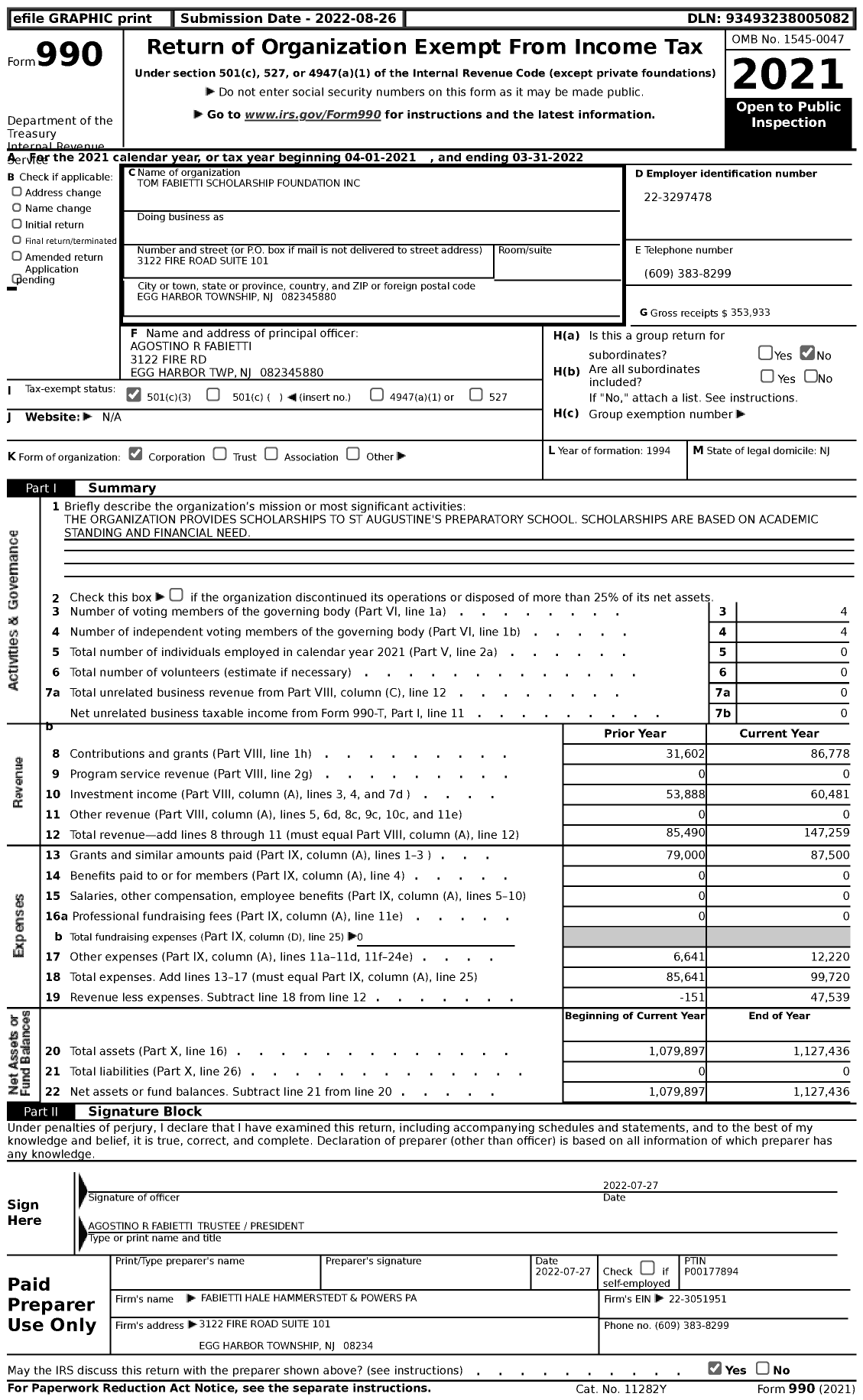 Image of first page of 2021 Form 990 for Tom Fabietti Scholarship Foundation
