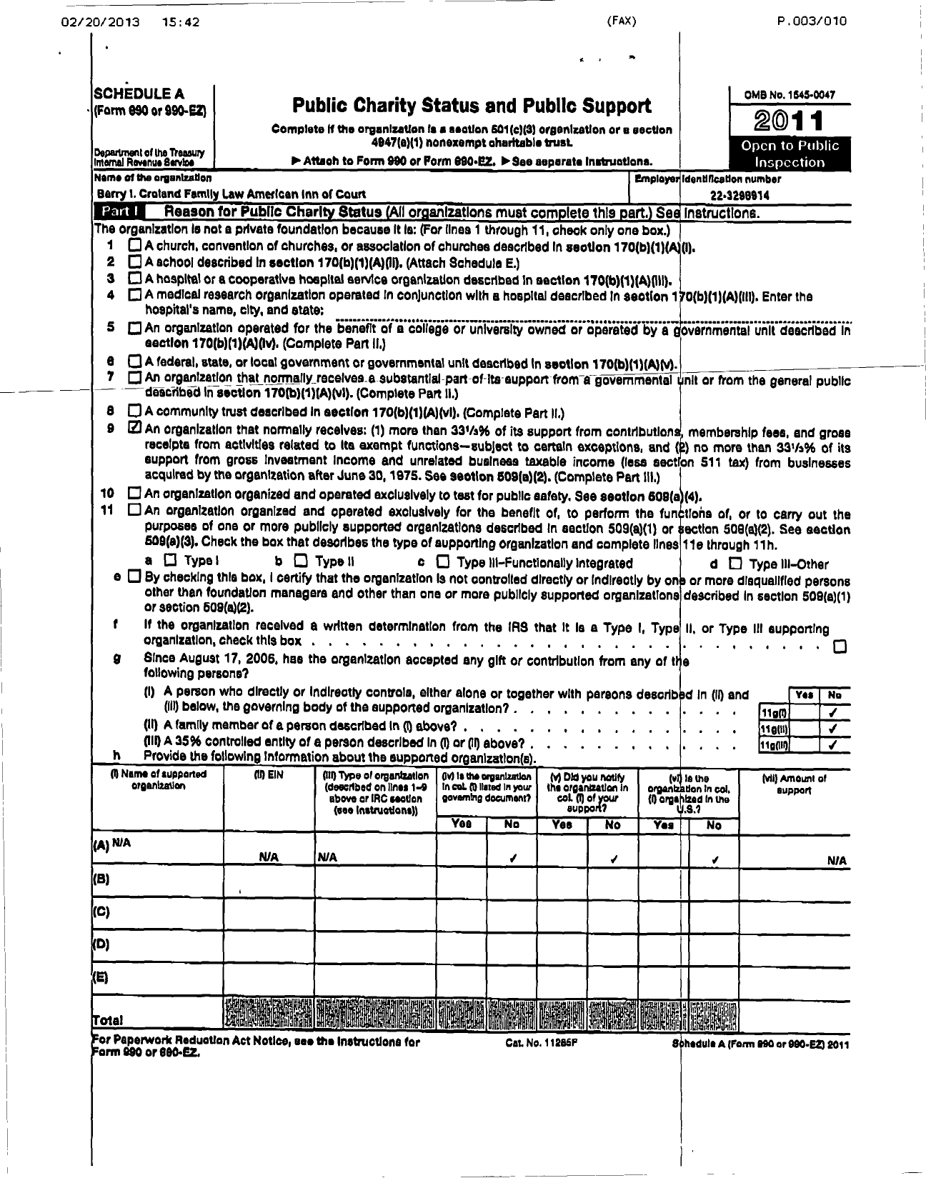 Image of first page of 2011 Form 990ER for American Inns of Court Foundation - 30197 Barry Croland Family Law Chap