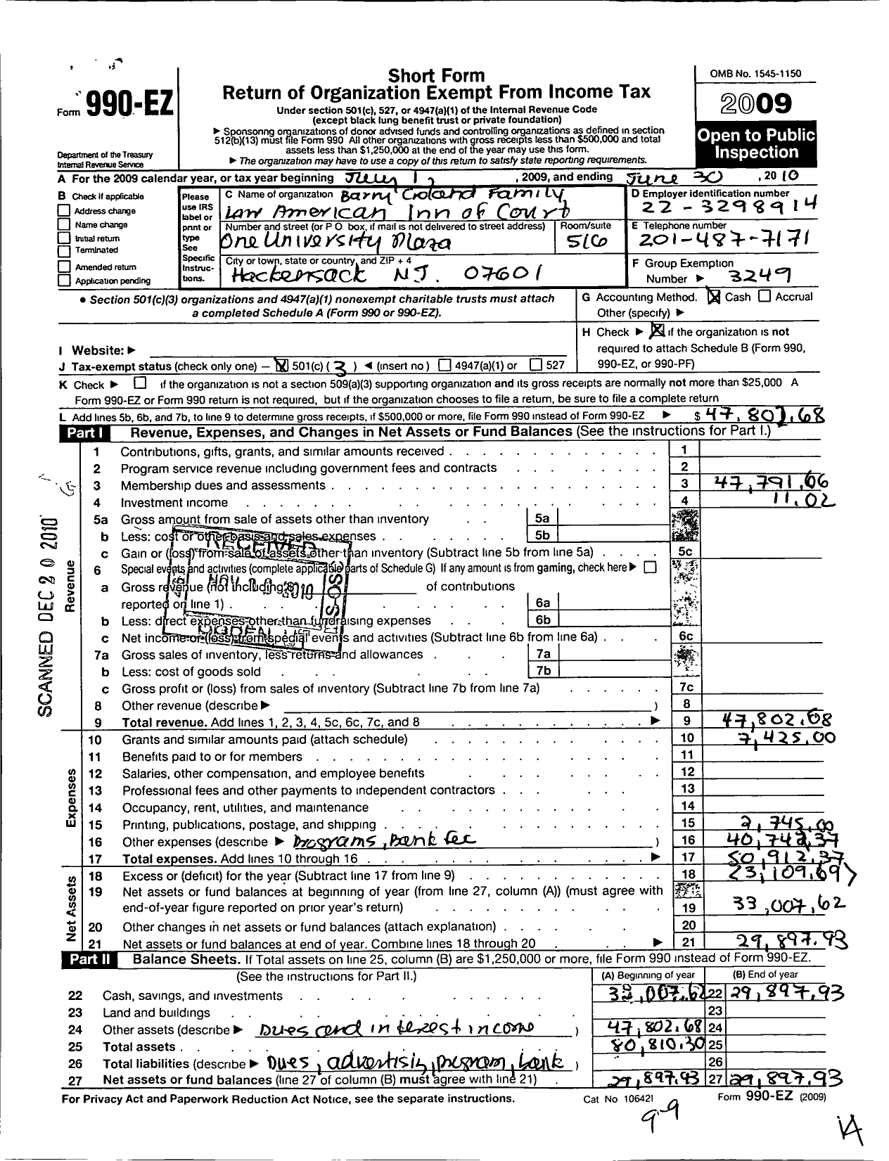 Image of first page of 2009 Form 990EZ for American Inns of Court Foundation - 30197 Barry Croland Family Law Chap