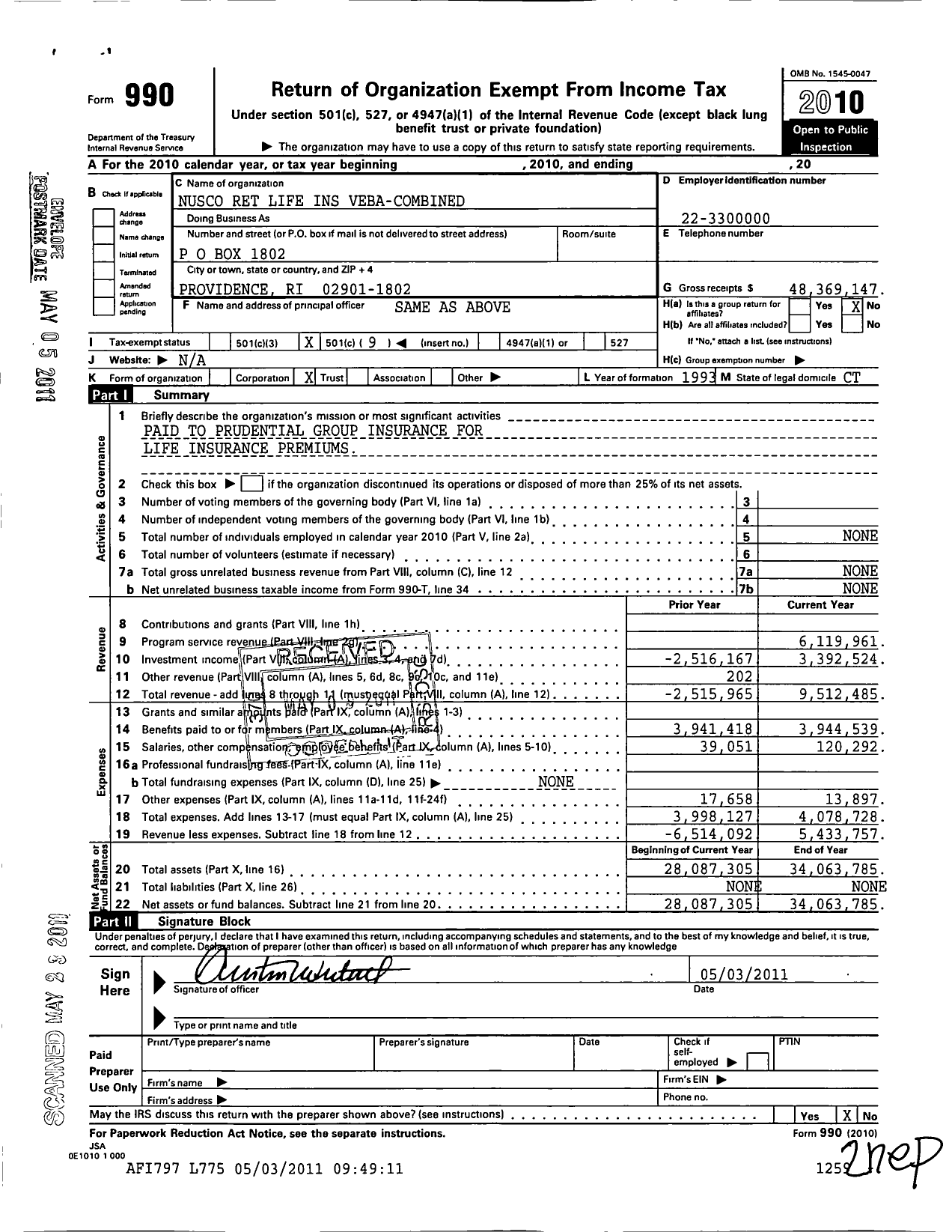 Image of first page of 2010 Form 990O for Nusco Ret Life Ins Veba Combined