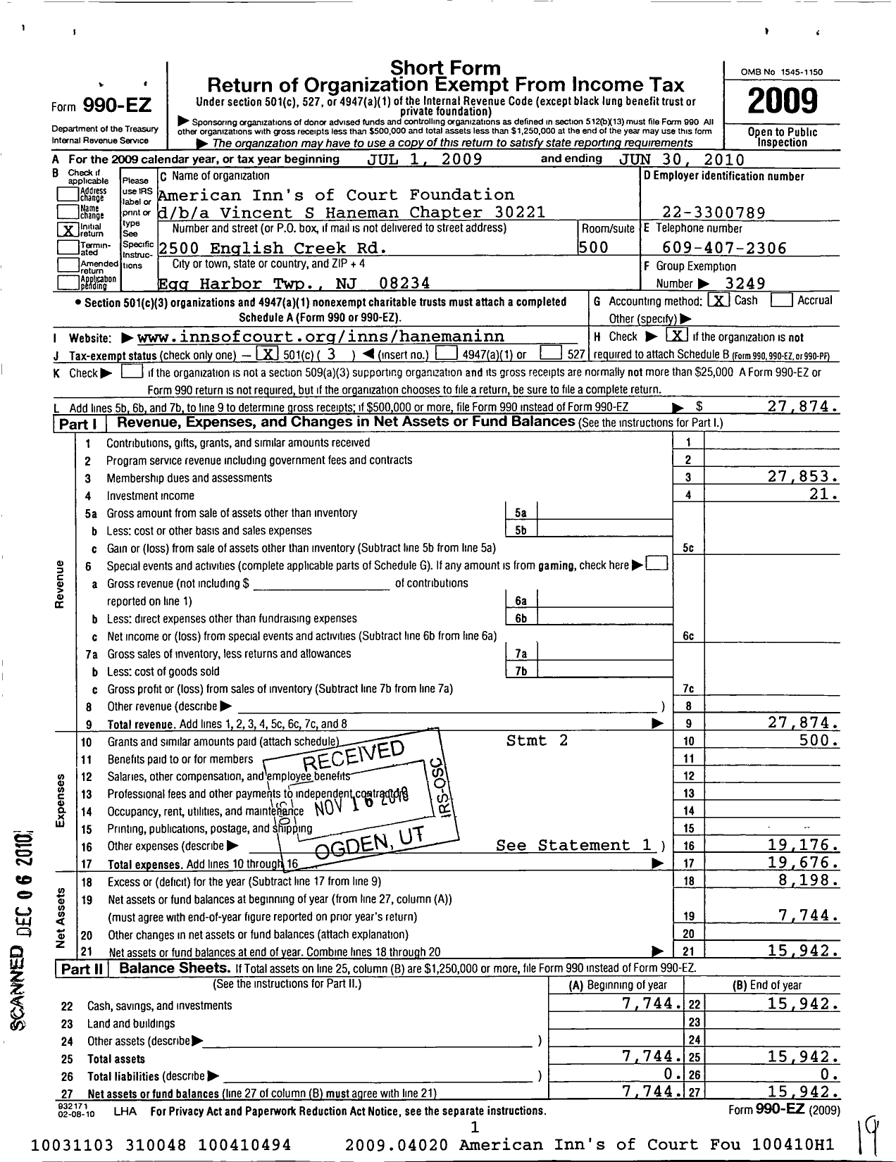 Image of first page of 2009 Form 990EZ for American Inns of Court Foundation - 30221 Vincent S Haneman Chapter