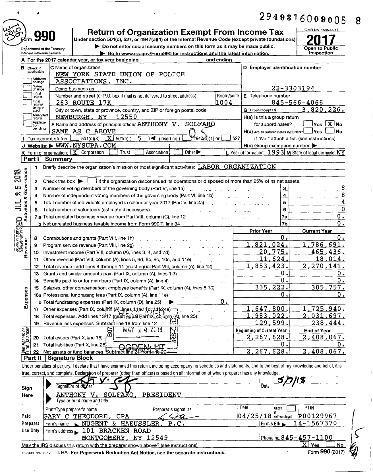 Image of first page of 2017 Form 990O for The New York State Union of Police Associations