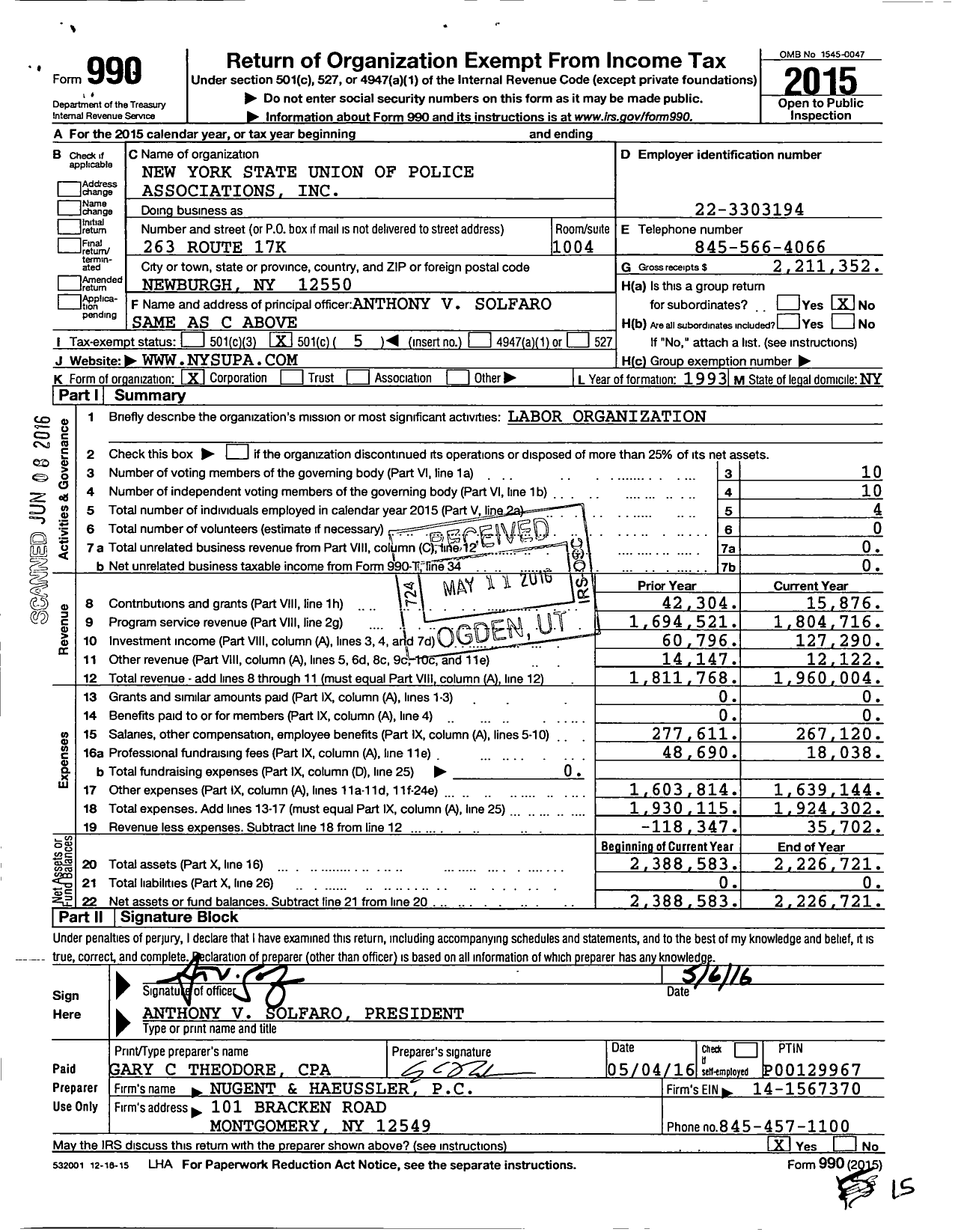 Image of first page of 2015 Form 990O for The New York State Union of Police Associations