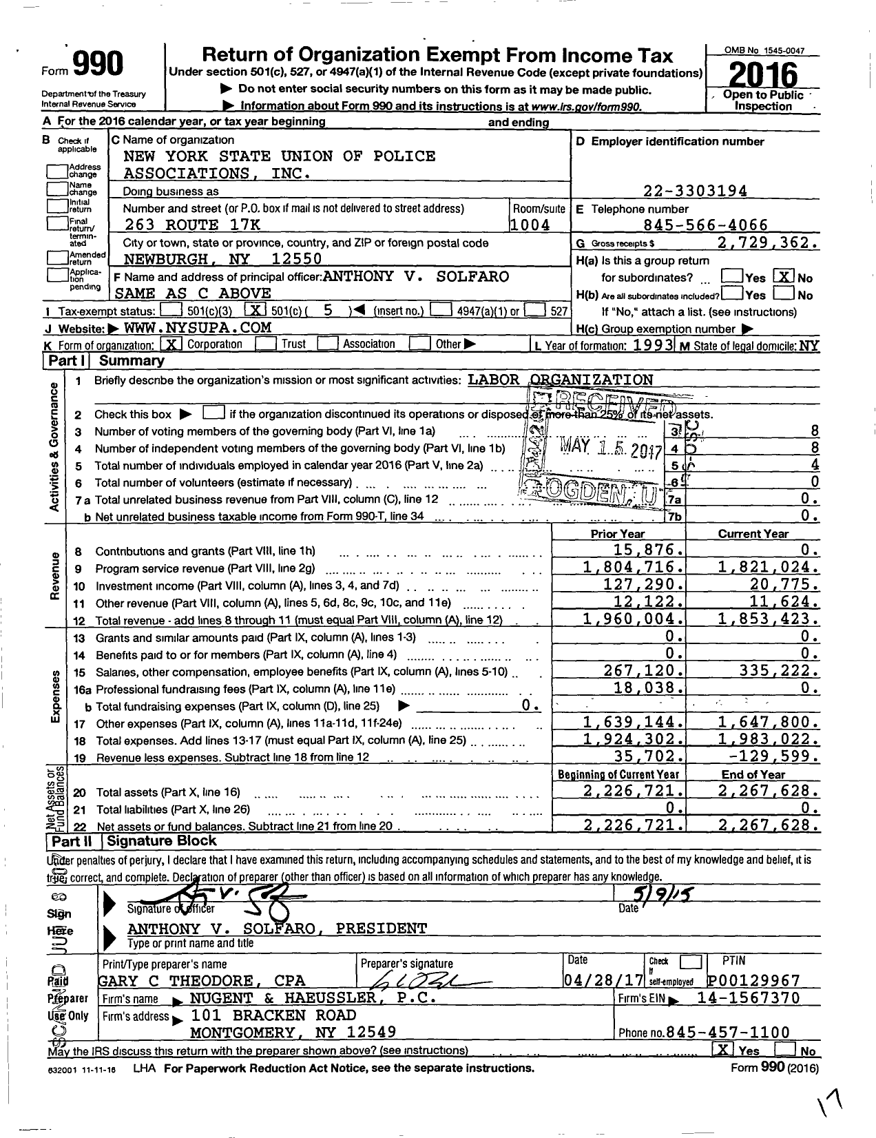 Image of first page of 2016 Form 990O for The New York State Union of Police Associations