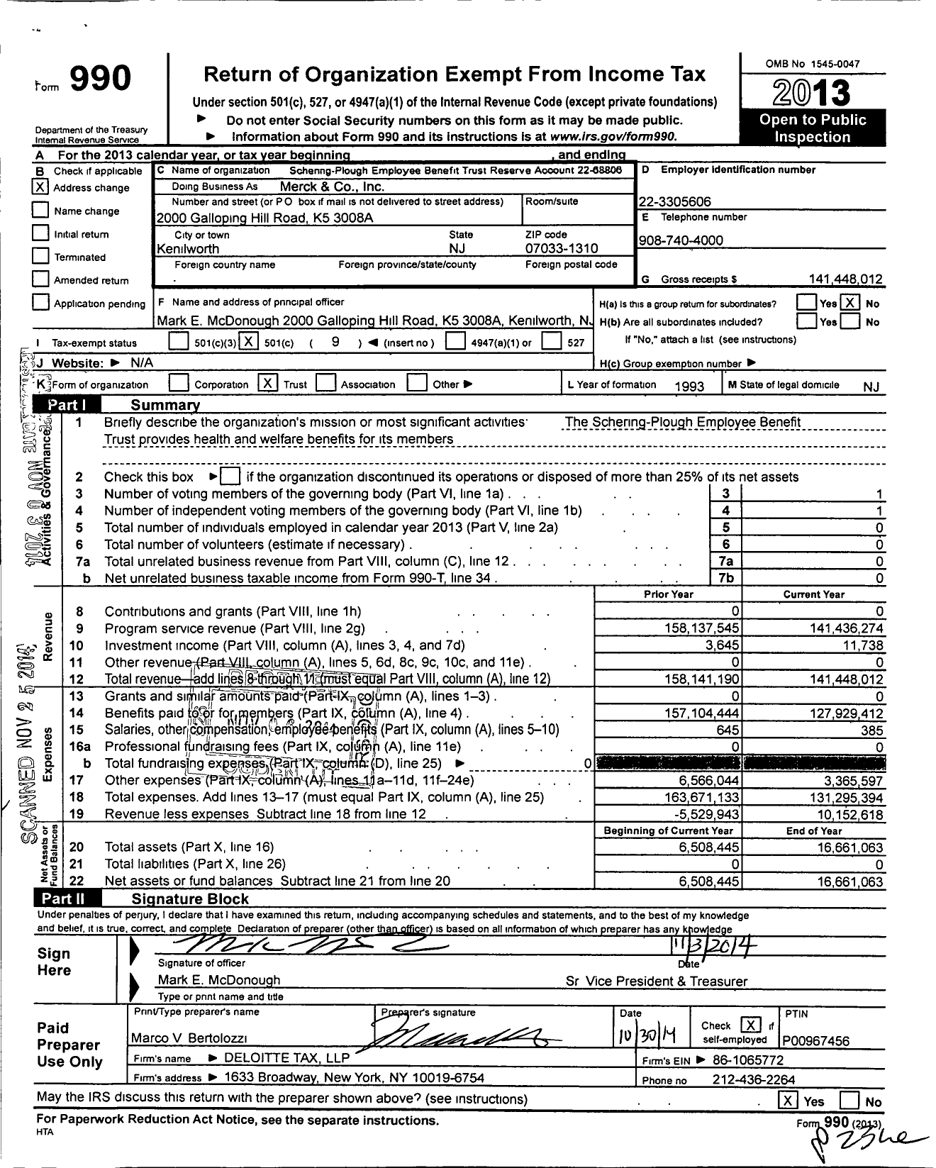 Image of first page of 2013 Form 990O for Schering-Plough Employee Benefit Trust Reserve Account