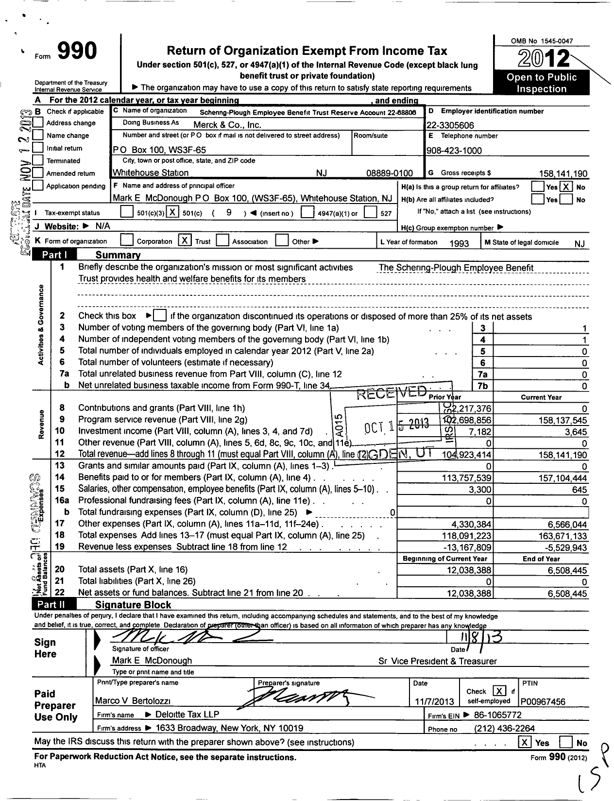 Image of first page of 2012 Form 990O for Schering-Plough Employee Benefit Trust Reserve Account