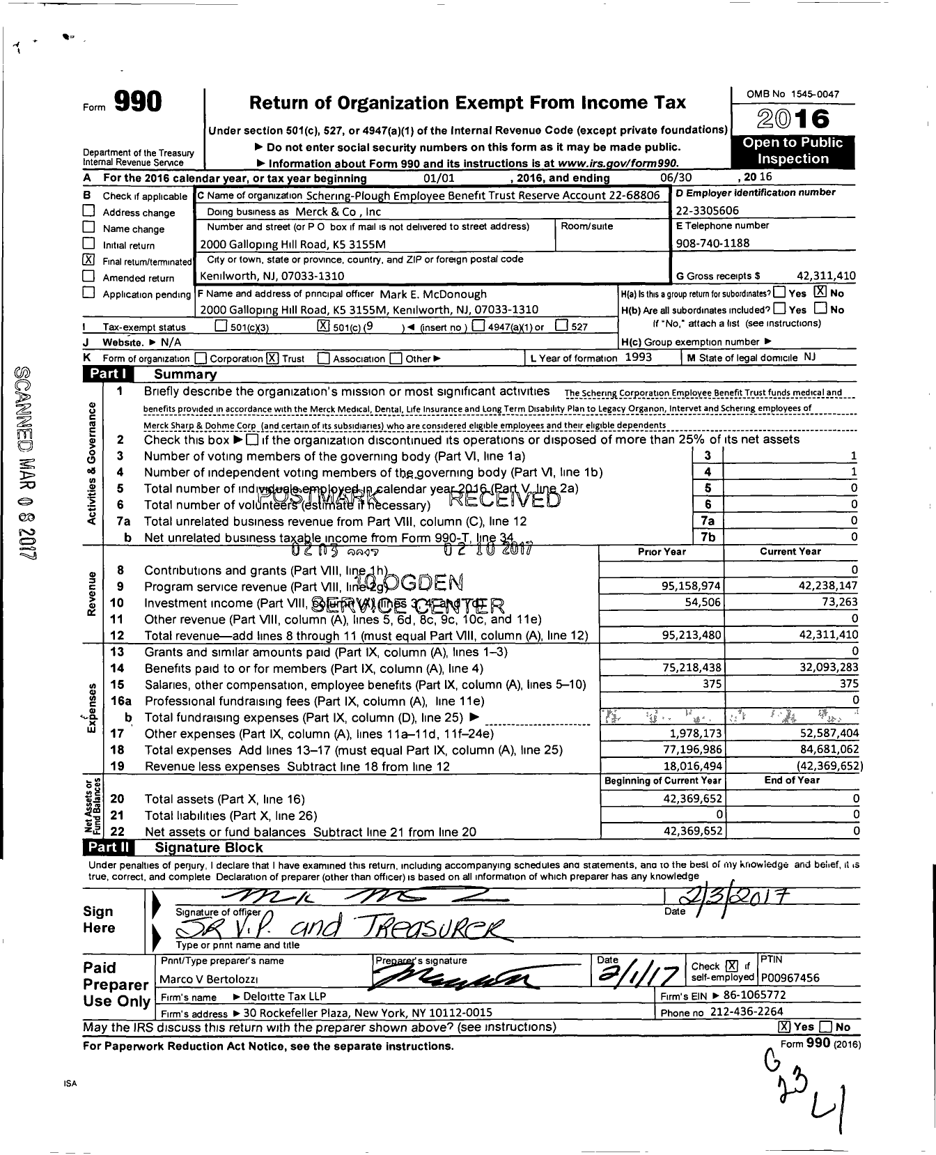 Image of first page of 2015 Form 990O for Schering-Plough Employee Benefit Trust Reserve Account