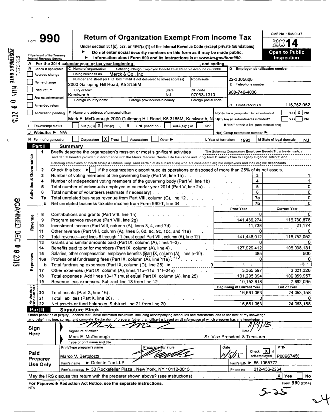 Image of first page of 2014 Form 990O for Schering-Plough Employee Benefit Trust Reserve Account