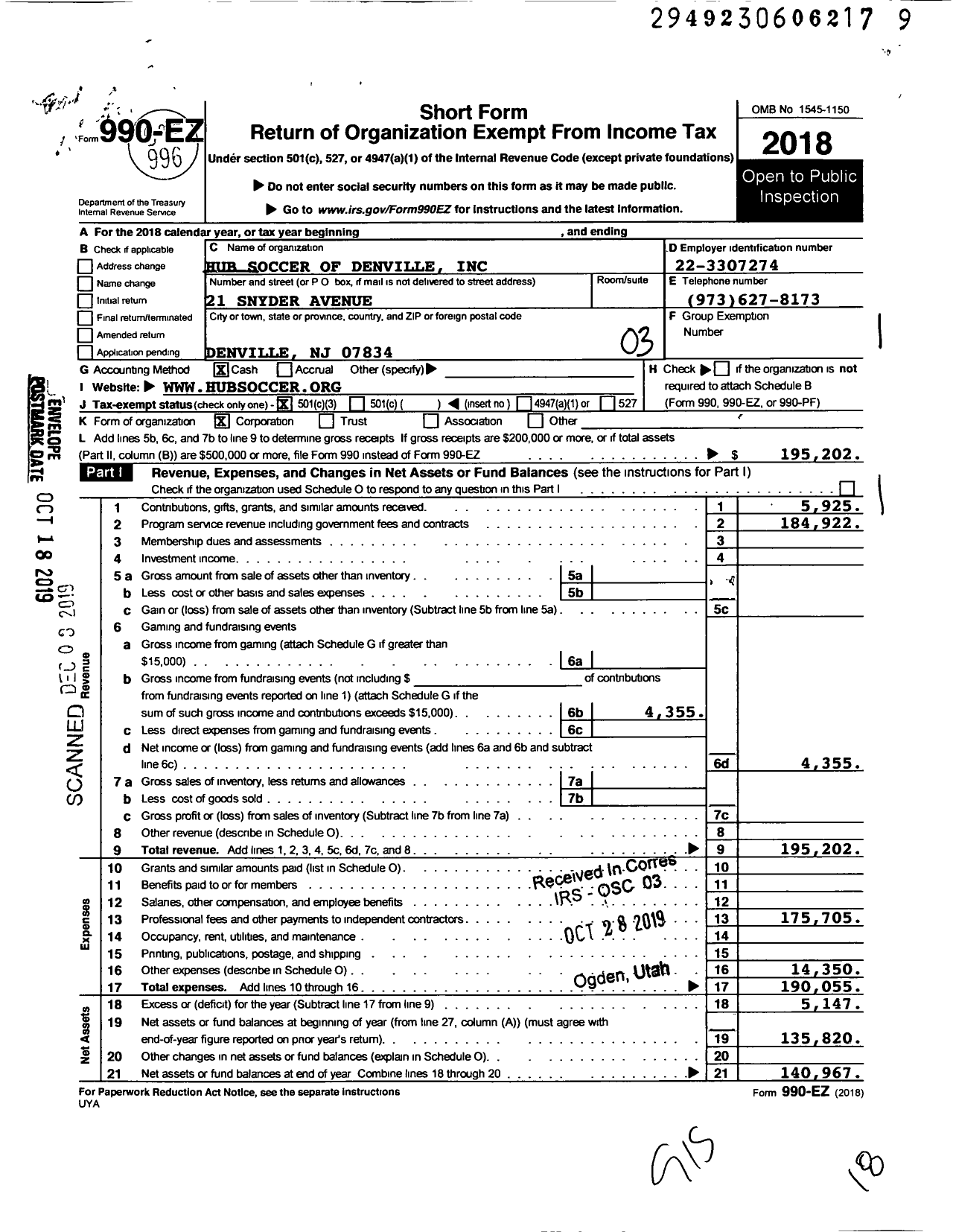 Image of first page of 2018 Form 990EZ for Hub Soccer of Denville