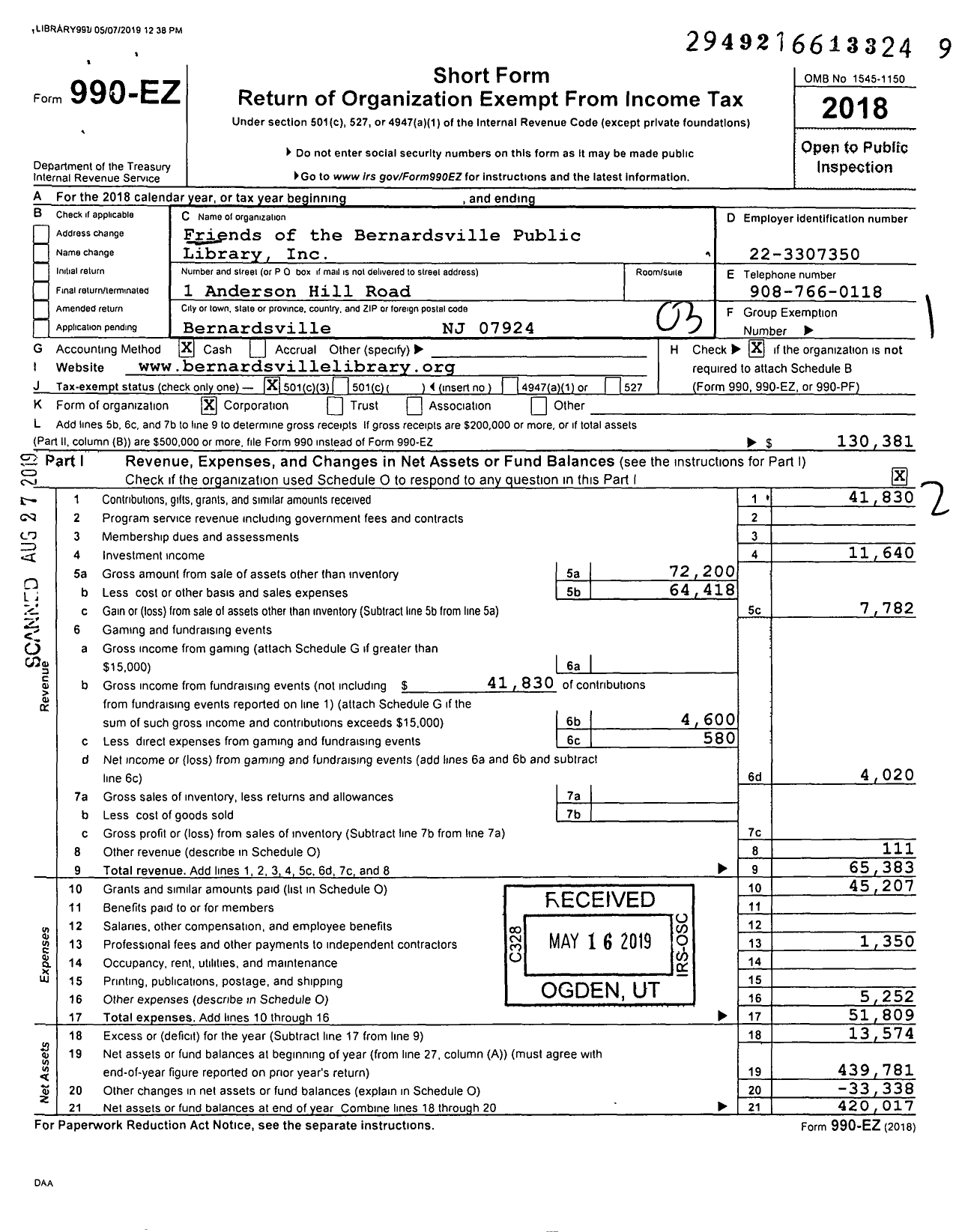 Image of first page of 2018 Form 990EZ for Friends of the Bernardsville Public Library