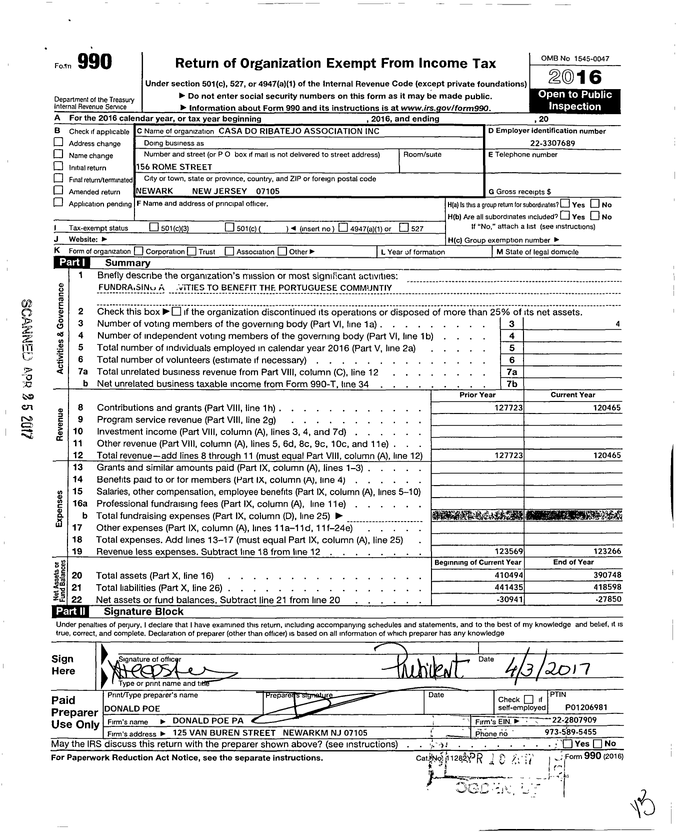 Image of first page of 2016 Form 990O for Casa Do Ribatejo Association