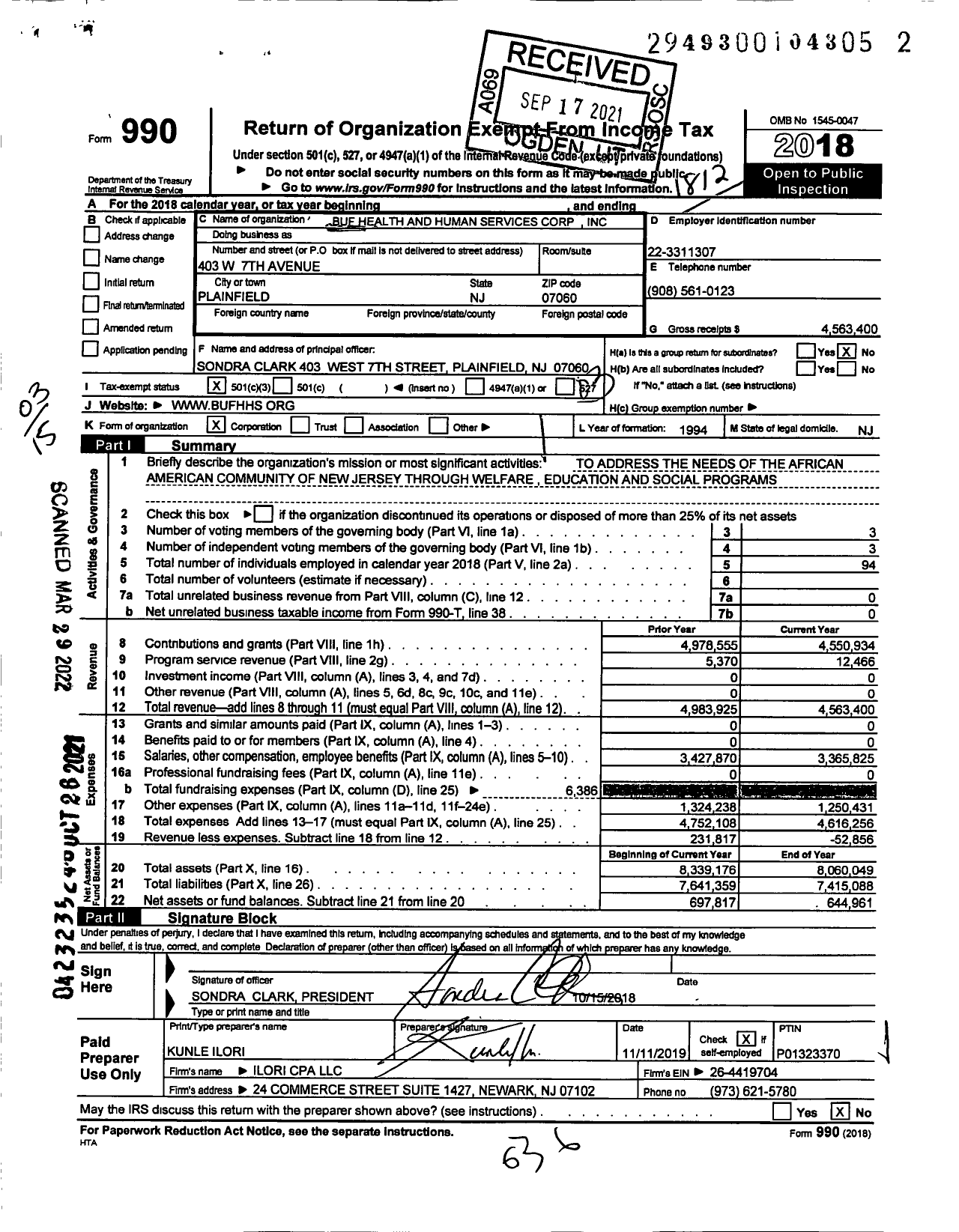 Image of first page of 2018 Form 990 for BUF Health and Human Services Corporation (BUF)