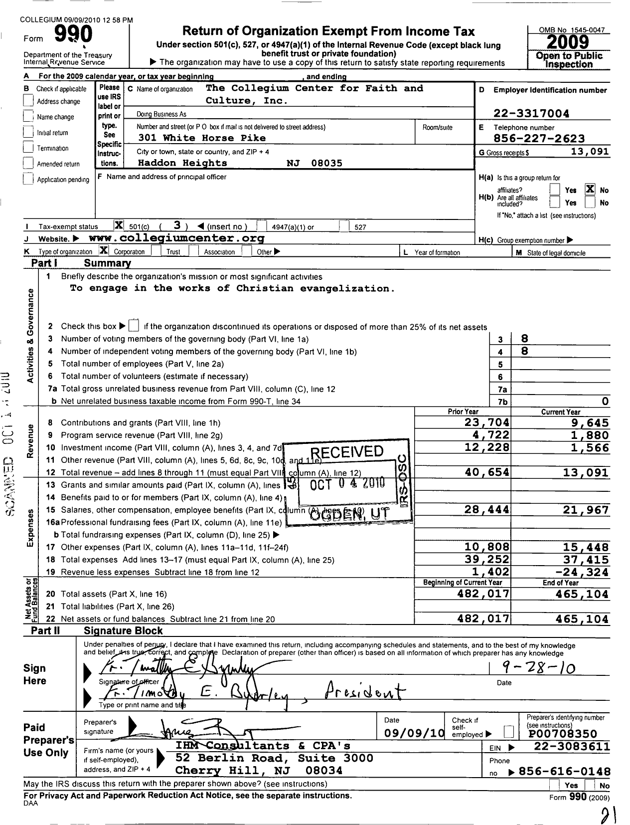 Image of first page of 2009 Form 990 for Collegium Center for Faith and Culture