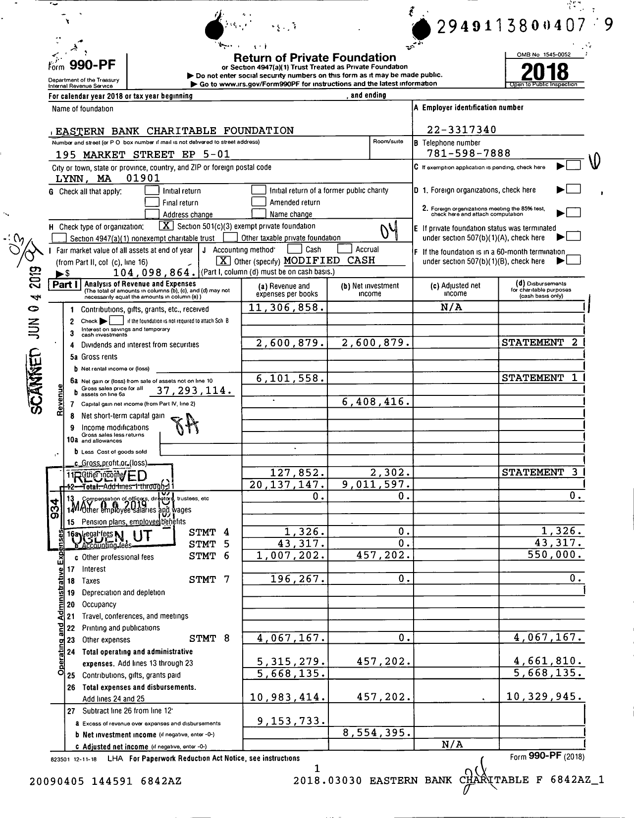 Image of first page of 2018 Form 990PF for Eastern Bank Foundation Foundation / K / A Eastern Bank Charitable Foundation (EBCF)