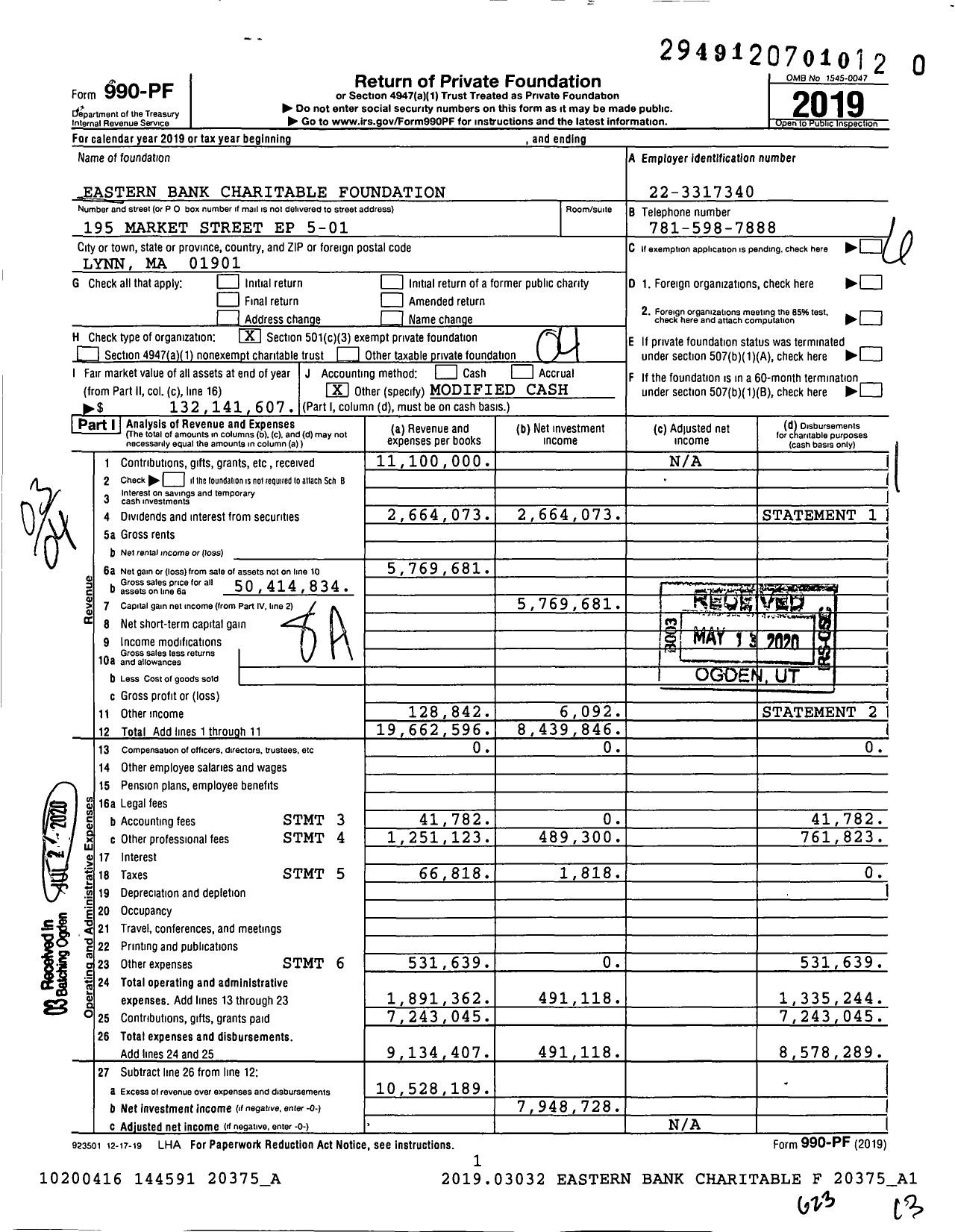 Image of first page of 2019 Form 990PR for Eastern Bank Foundation Foundation / K / A Eastern Bank Charitable Foundation (EBCF)