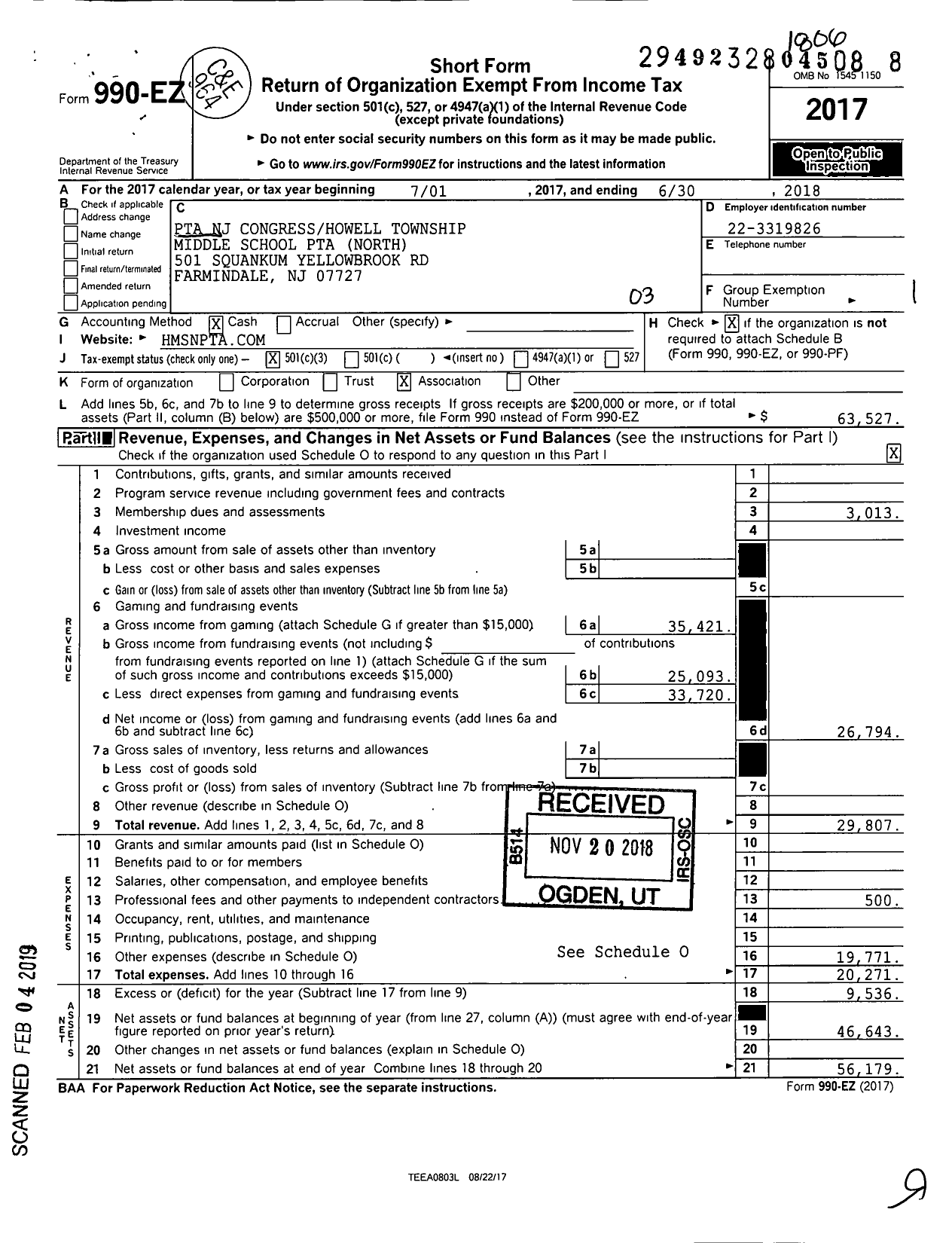 Image of first page of 2017 Form 990EZ for New Jersey PTA - 32334 Howell TWP Middle School PTA