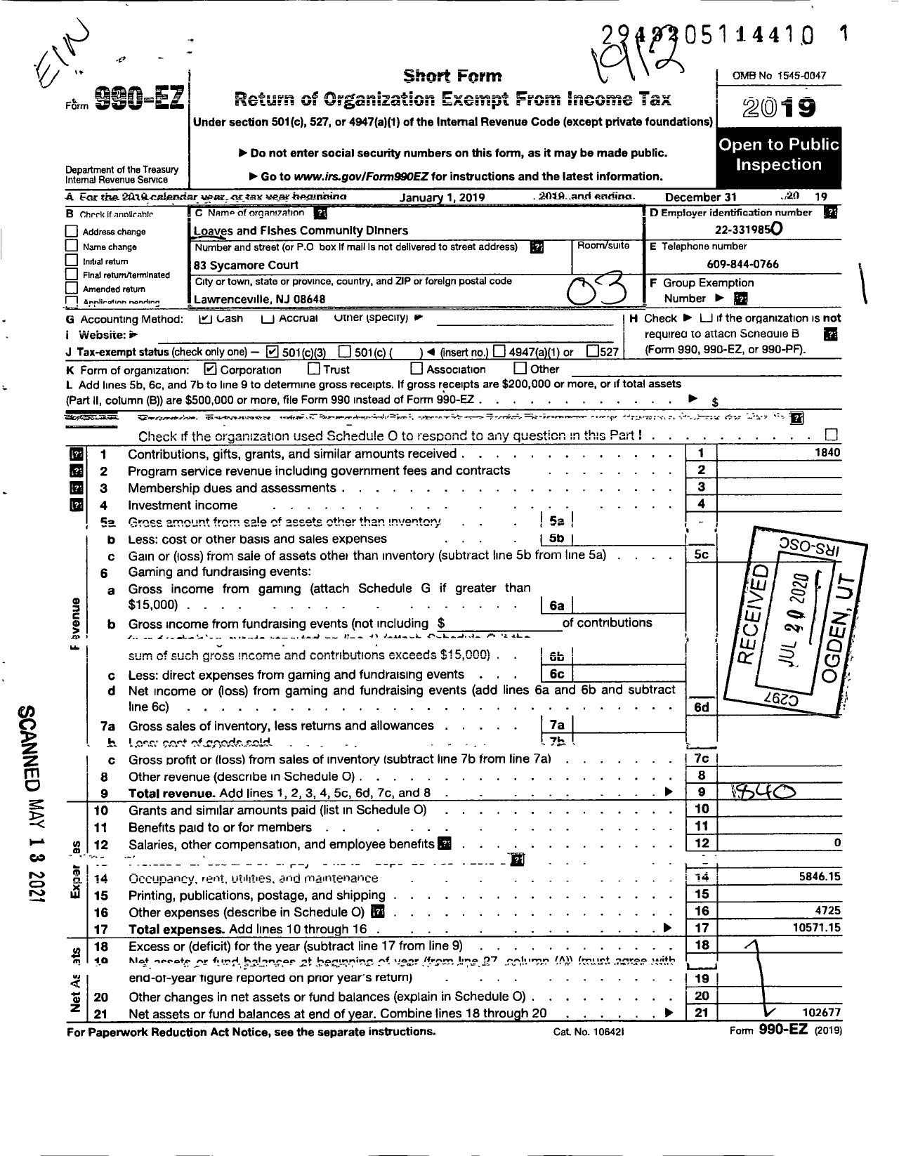 Image of first page of 2019 Form 990EZ for Loaves and Fishes Community Dinners