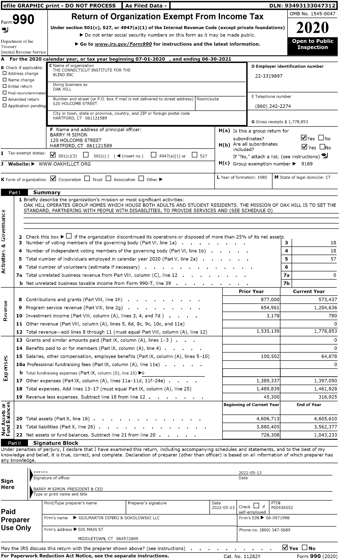 Image of first page of 2020 Form 990 for Oak Hill / The Connecticut Institute for the Blind Inc