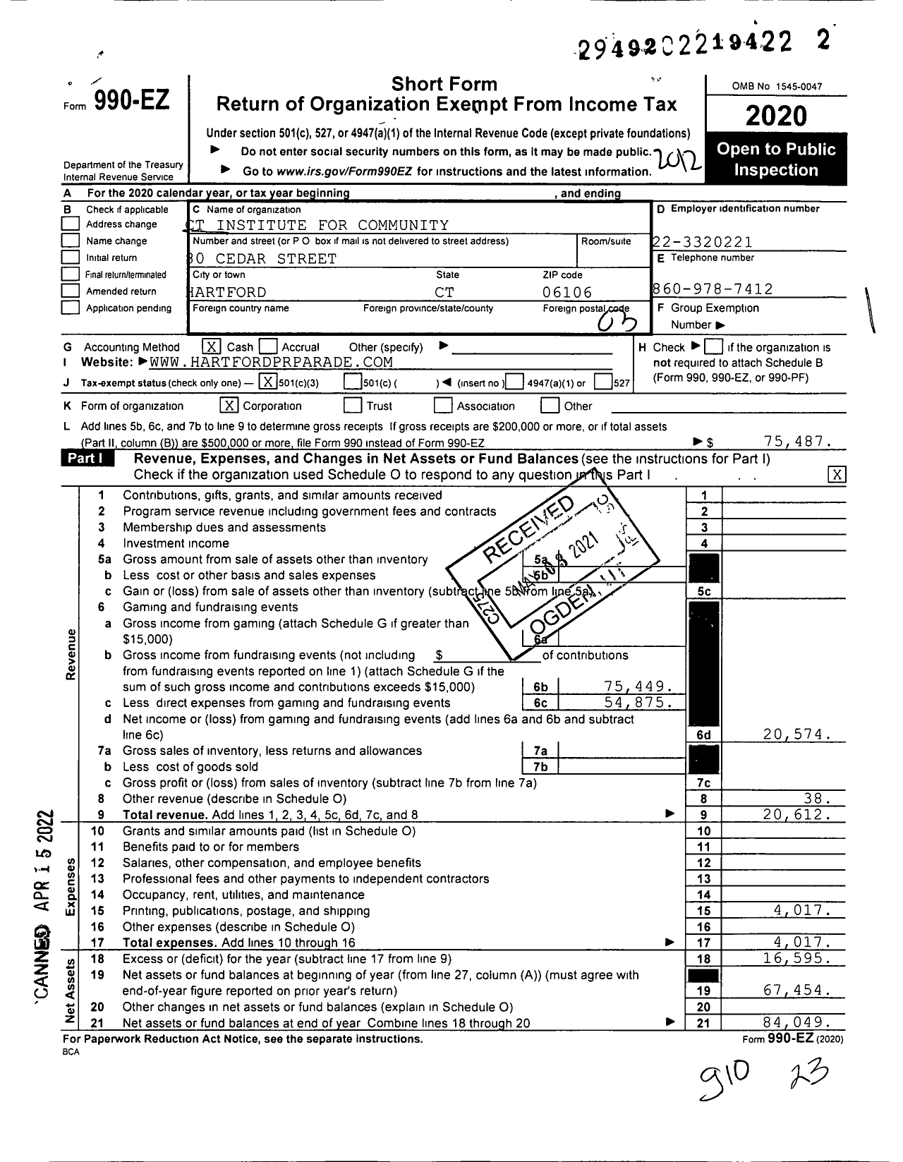 Image of first page of 2020 Form 990EZ for Connecticut Institute for Community