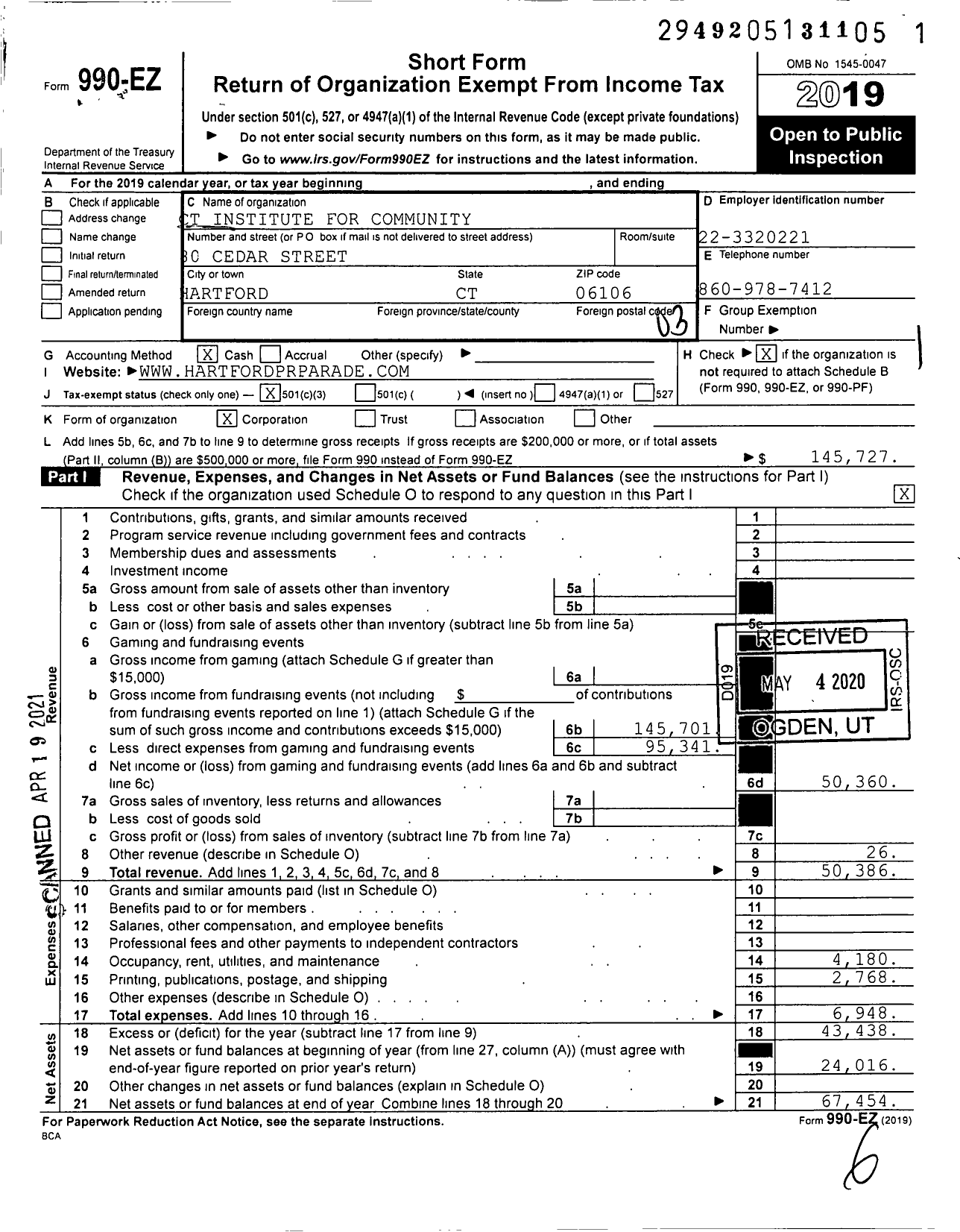 Image of first page of 2019 Form 990EZ for Connecticut Institute for Community