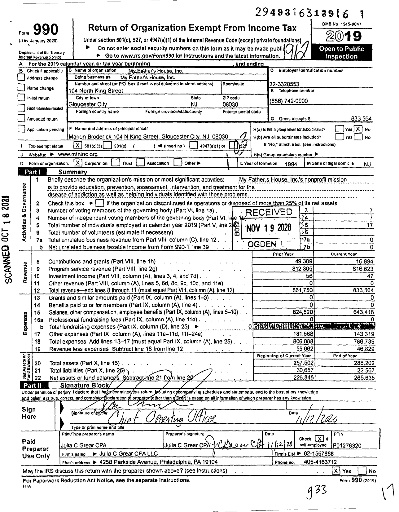 Image of first page of 2019 Form 990 for My Father's House