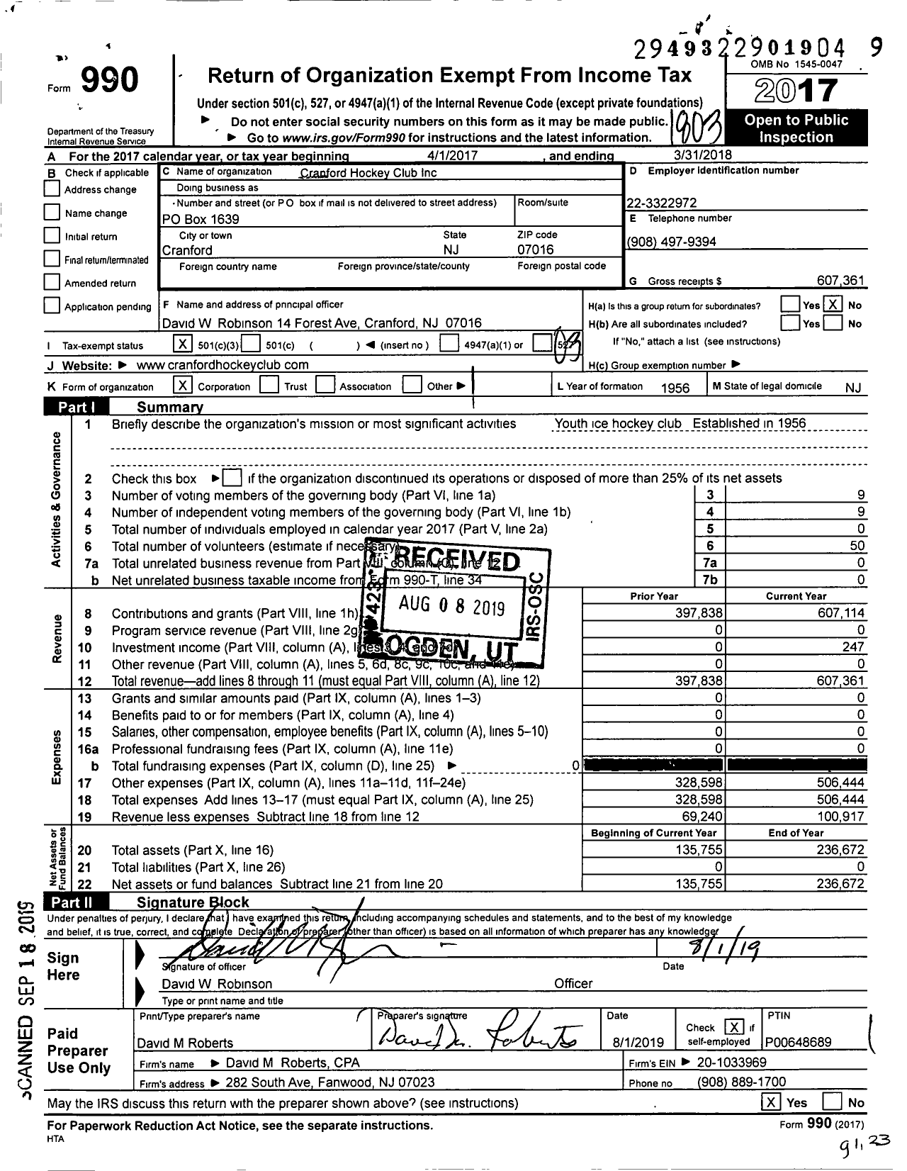 Image of first page of 2017 Form 990 for Cranford Hockey Club