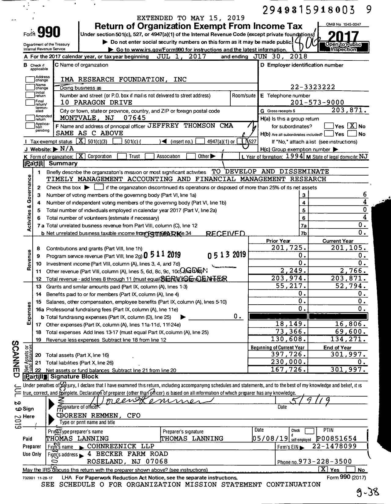 Image of first page of 2017 Form 990 for IMA Research Foundation