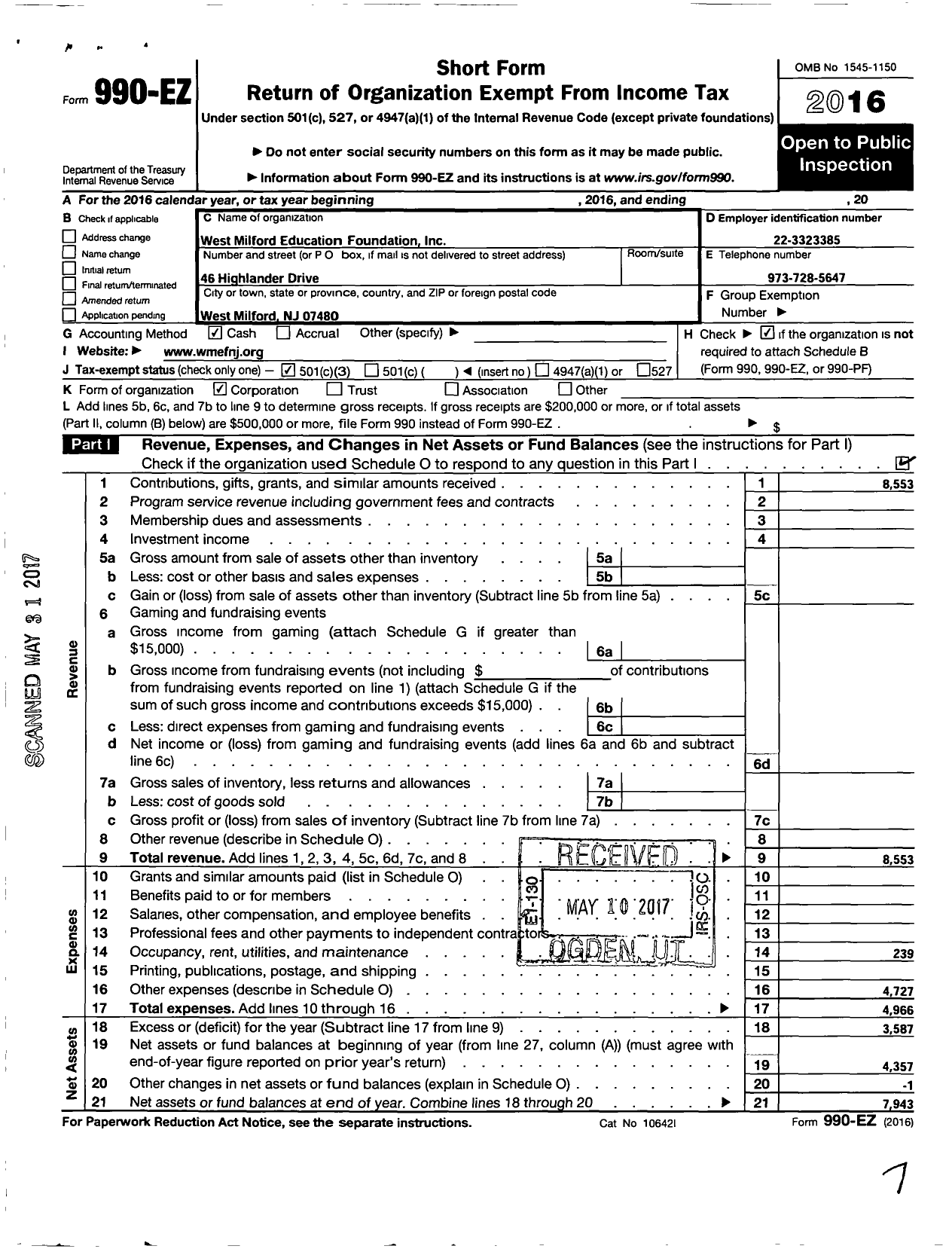 Image of first page of 2016 Form 990EZ for West Milford Education Foundation