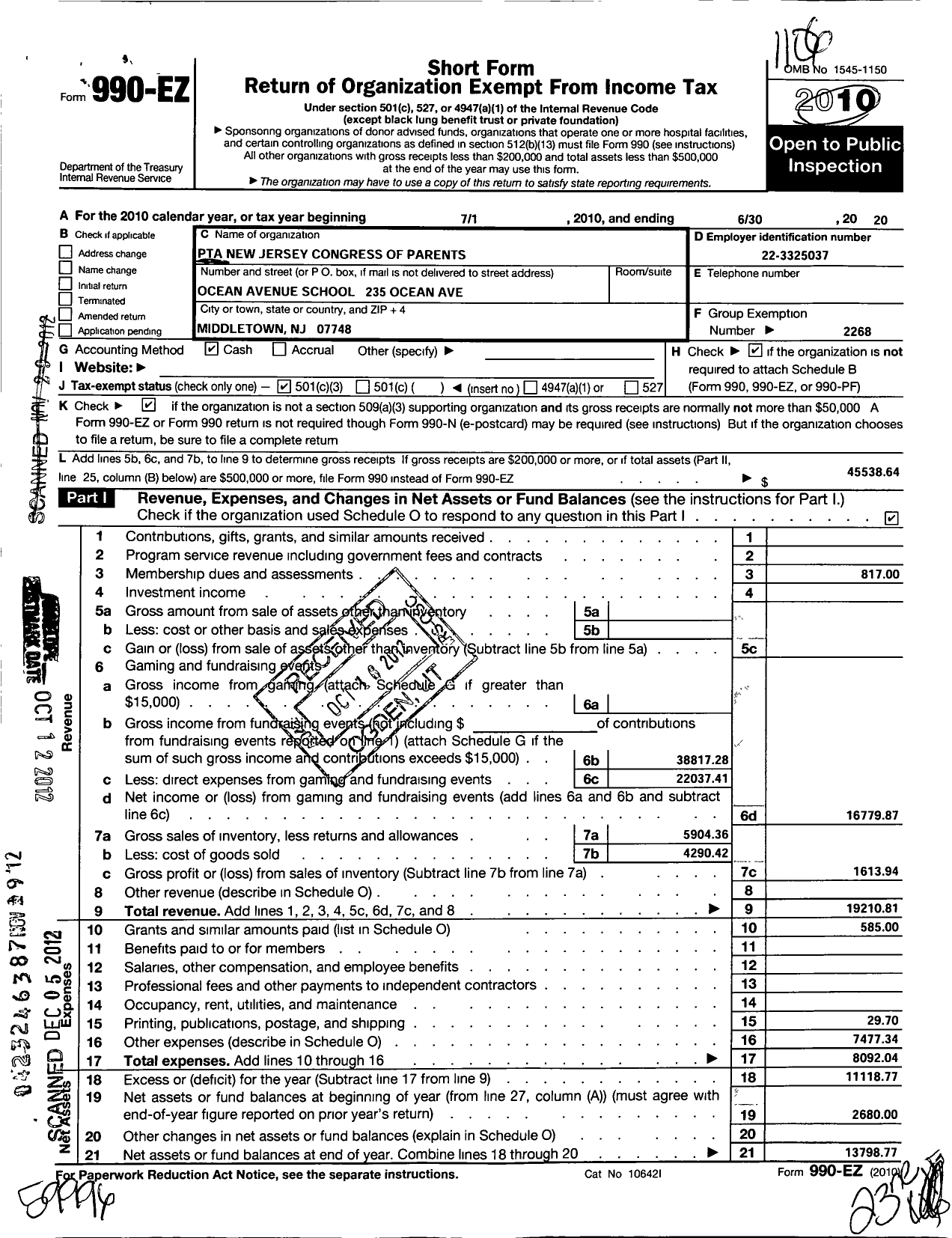 Image of first page of 2019 Form 990EZ for New Jersey PTA - 18858 Ocean Avenue School PTA