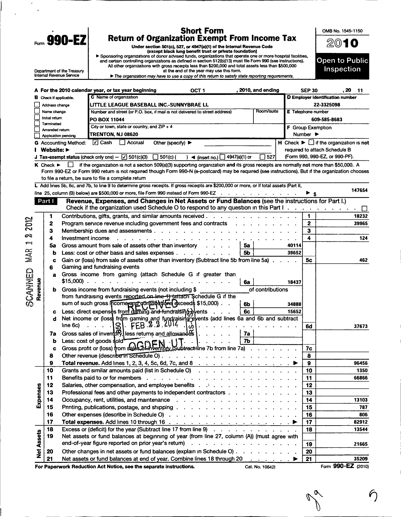 Image of first page of 2010 Form 990EZ for Little League Baseball - 2301201 Sunnybrae LL