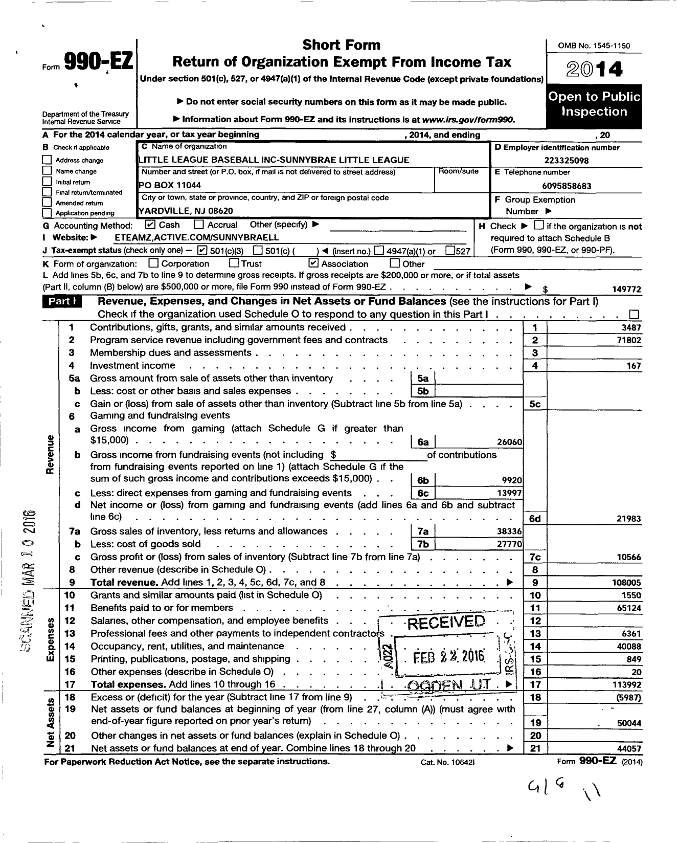 Image of first page of 2014 Form 990EZ for Little League Baseball - 2301201 Sunnybrae LL